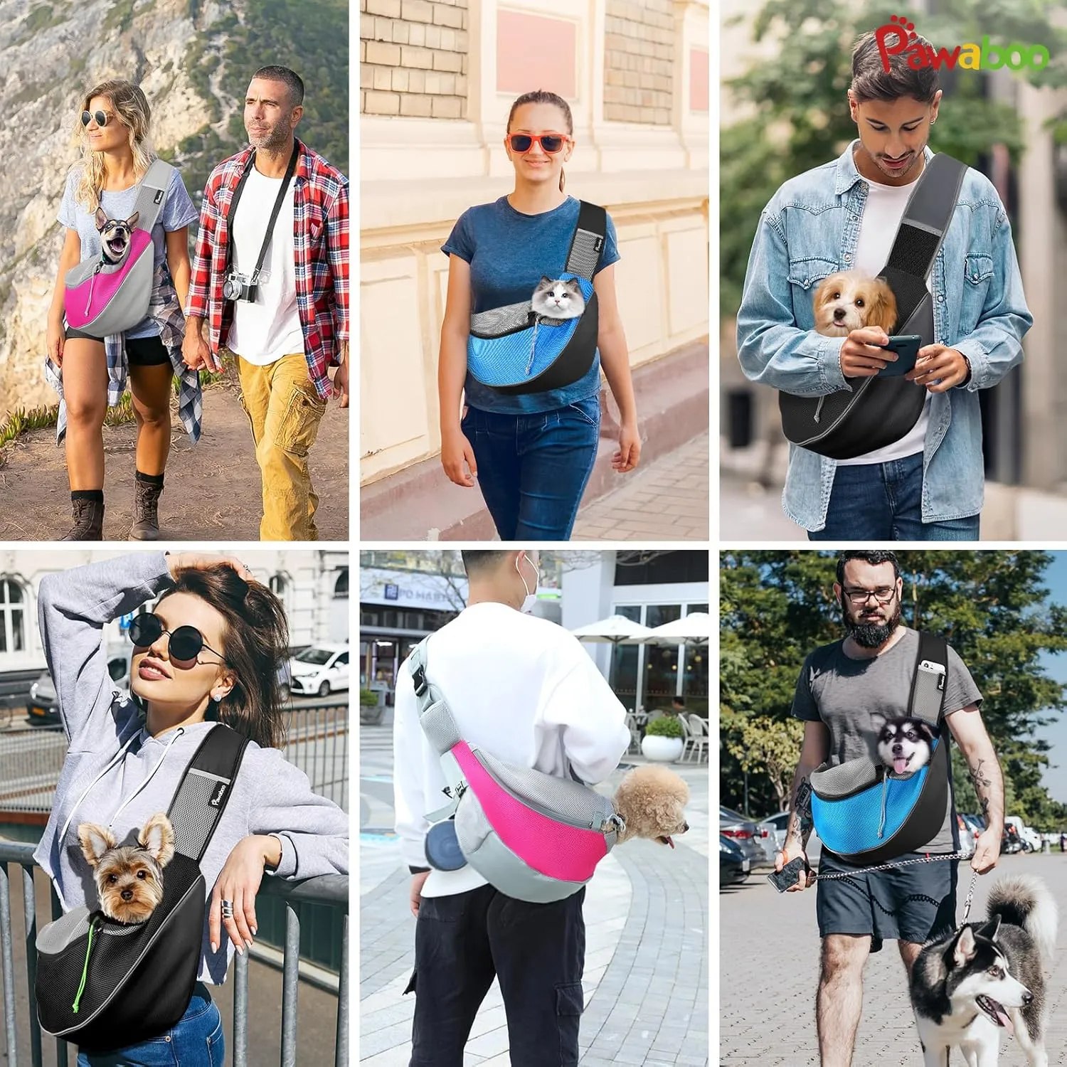 Pawaboo Pet Dog Sling Carrier, Hand Free Drawstring Dog Papoose with Adjustable Strap, Breathable Mesh Bag for Puppy Cat, Crossbody Satchel Dog Purse with Pocket for Outdoor, Dark Gray Black, Medium