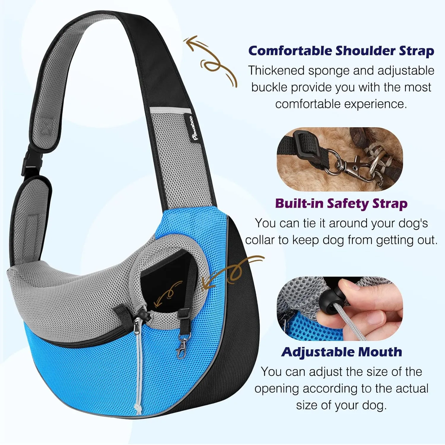 Pawaboo Pet Dog Sling Carrier, Hand Free Drawstring Dog Papoose with Adjustable Strap, Breathable Mesh Bag for Puppy Cat, Crossbody Satchel Dog Purse with Pocket for Outdoor Travel, Light Blue, Medium