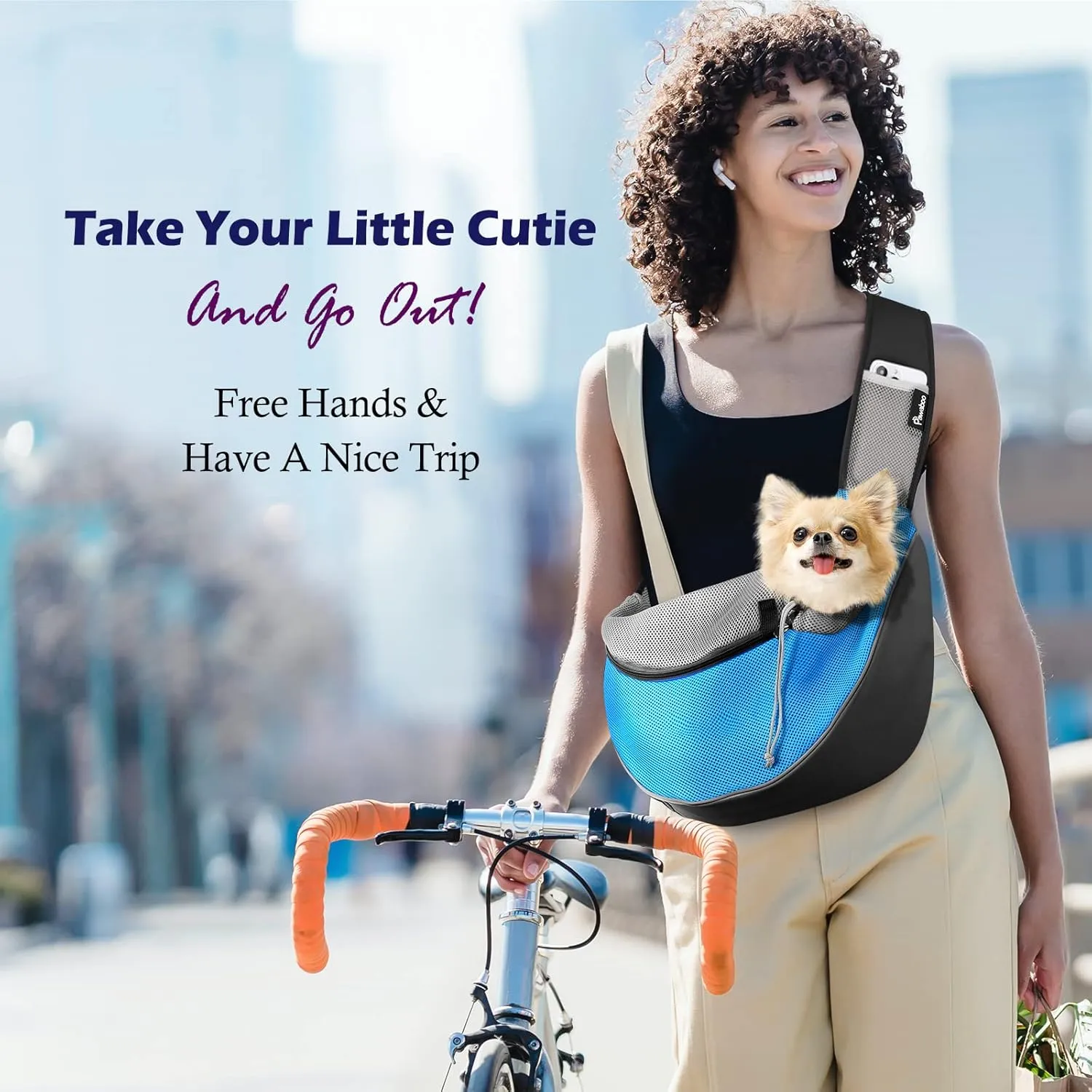 Pawaboo Pet Dog Sling Carrier, Hand Free Drawstring Dog Papoose with Adjustable Strap, Breathable Mesh Bag for Puppy Cat, Crossbody Satchel Dog Purse with Pocket for Outdoor Travel, Light Blue, Medium
