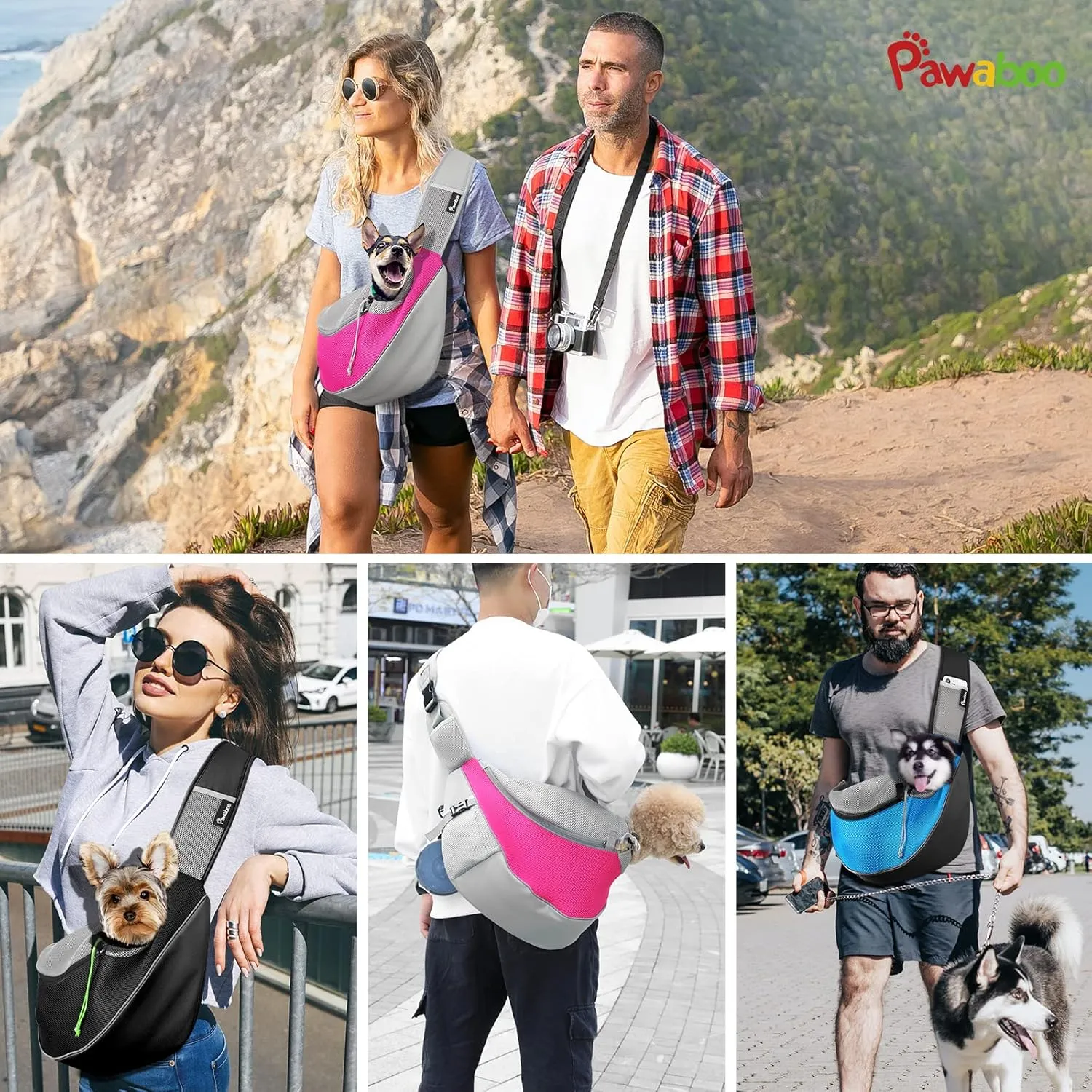Pawaboo Pet Dog Sling Carrier, Hand Free Drawstring Dog Papoose with Adjustable Strap, Breathable Mesh Bag for Puppy Cat, Crossbody Satchel Dog Purse with Pocket for Outdoor Travel, Light Blue, Medium