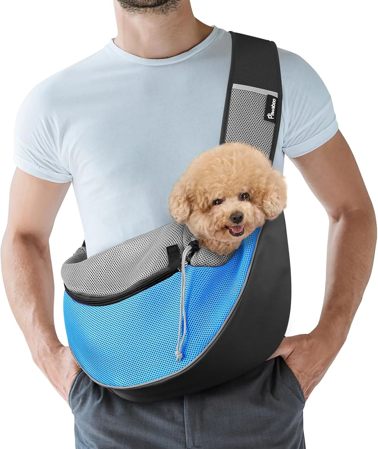 Pawaboo Pet Dog Sling Carrier, Hand Free Drawstring Dog Papoose with Adjustable Strap, Breathable Mesh Bag for Puppy Cat, Crossbody Satchel Dog Purse with Pocket for Outdoor Travel, Light Blue, Medium