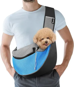 Pawaboo Pet Dog Sling Carrier, Hand Free Drawstring Dog Papoose with Adjustable Strap, Breathable Mesh Bag for Puppy Cat, Crossbody Satchel Dog Purse with Pocket for Outdoor Travel, Light Blue, Medium