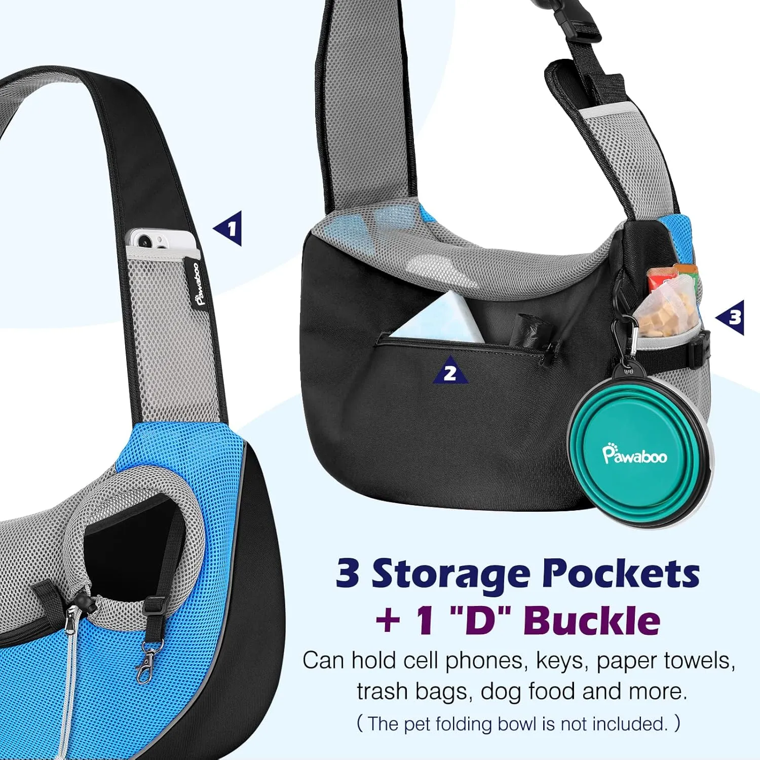 Pawaboo Pet Dog Sling Carrier, Hand Free Drawstring Dog Papoose with Adjustable Strap, Breathable Mesh Bag for Puppy Cat, Crossbody Satchel Dog Purse with Pocket for Outdoor Travel, Light Blue, Medium