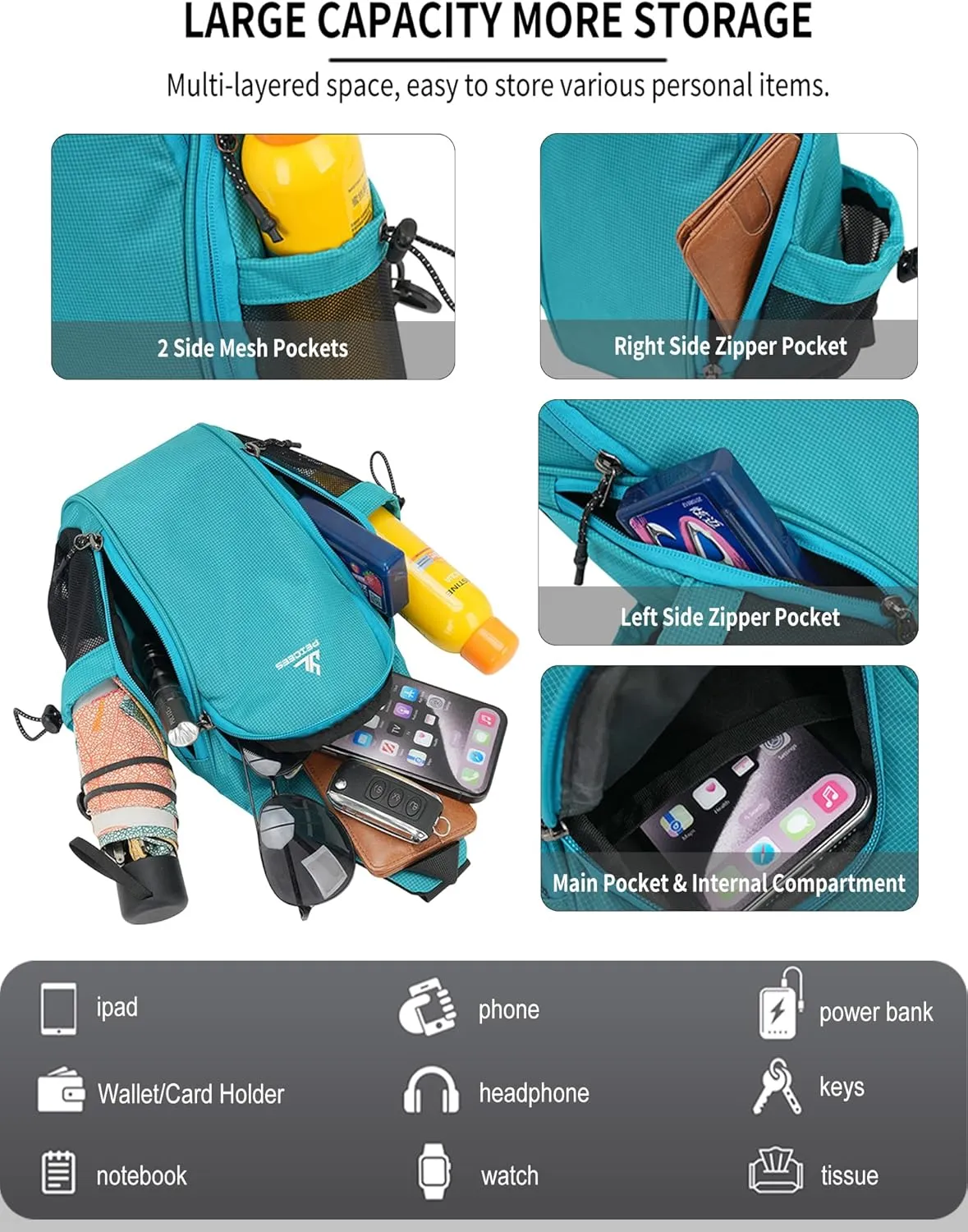 Peicees Small Sling Bag with 2 Bottle Holders, Sling Backpack Crossbody Bag Chest Daypack for Daily Use Travel, Bottle Not Included, Orange