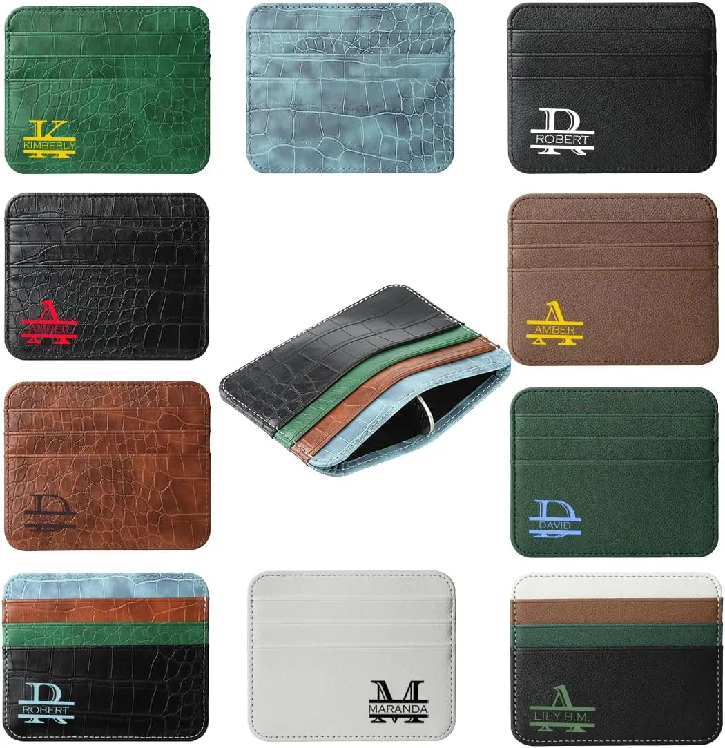 Personalized Letters Credit Card Holder Reversible, Customized Initials Name Monogrammed PU Leather Front Pocket Wallet, Custom Minimalist Card Case, Slim Crocodile/Vegan Pattern Small Card Protector