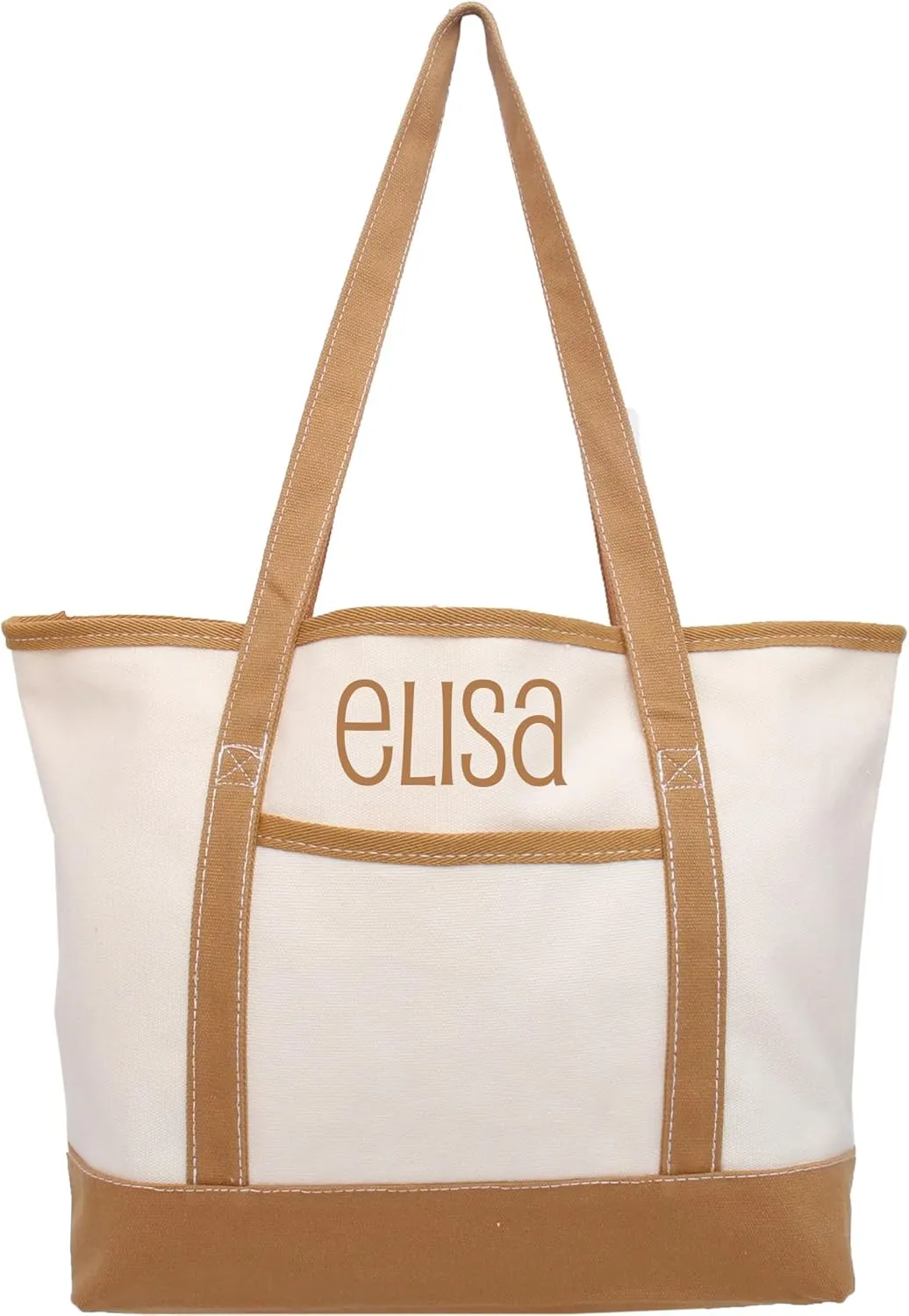 Personalized with Embroidery ThreadArt Large 100% Cotton Natural Canvas Tote Bag with Tan Handles - 18.5"x11.5"x5.5" - 14 oz Canvas - for Women, Shopping, Beach, Getaways, Gifts