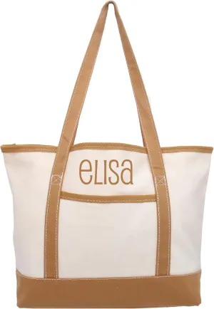 Personalized with Embroidery ThreadArt Large 100% Cotton Natural Canvas Tote Bag with Tan Handles - 18.5"x11.5"x5.5" - 14 oz Canvas - for Women, Shopping, Beach, Getaways, Gifts