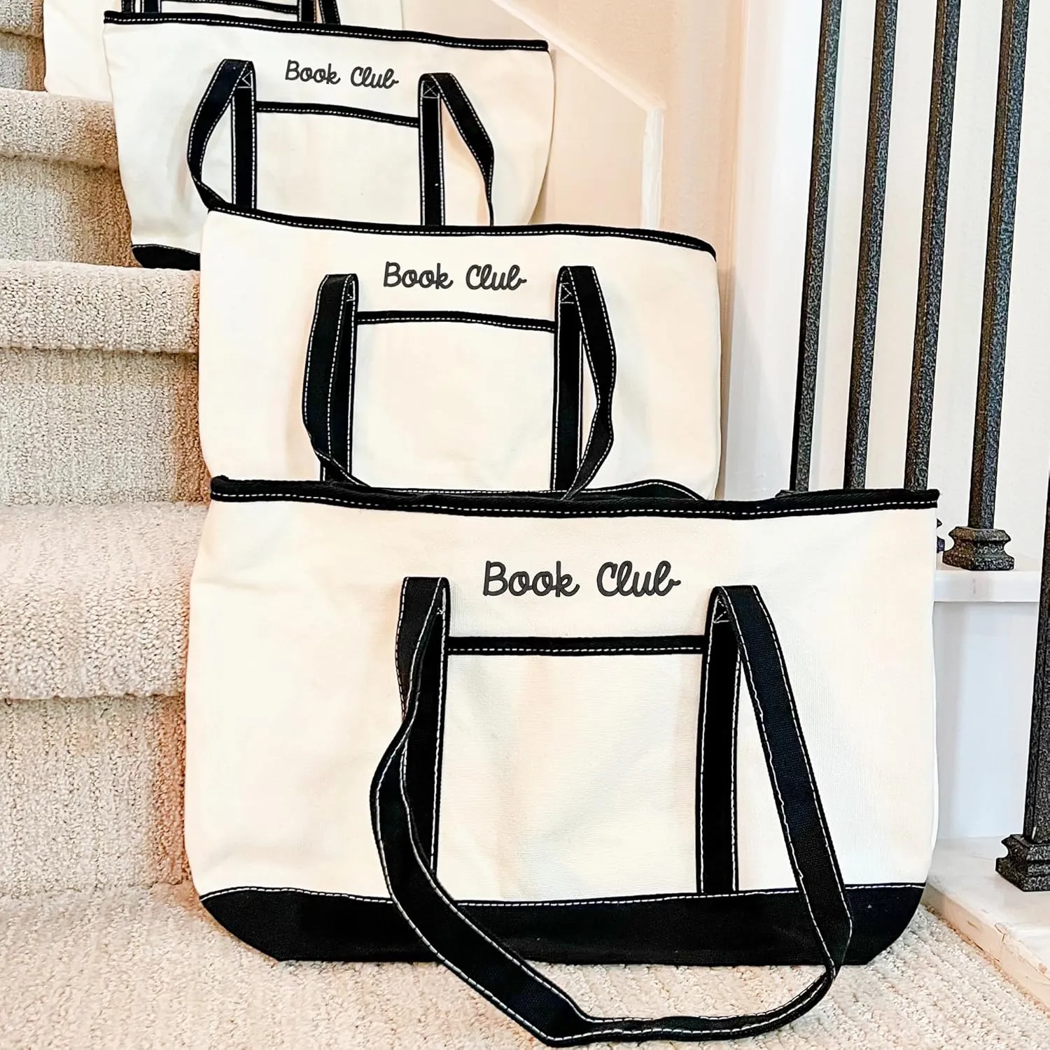 Personalized with Embroidery ThreadArt Large 100% Cotton Natural Canvas Tote Bag with Tan Handles - 18.5"x11.5"x5.5" - 14 oz Canvas - for Women, Shopping, Beach, Getaways, Gifts