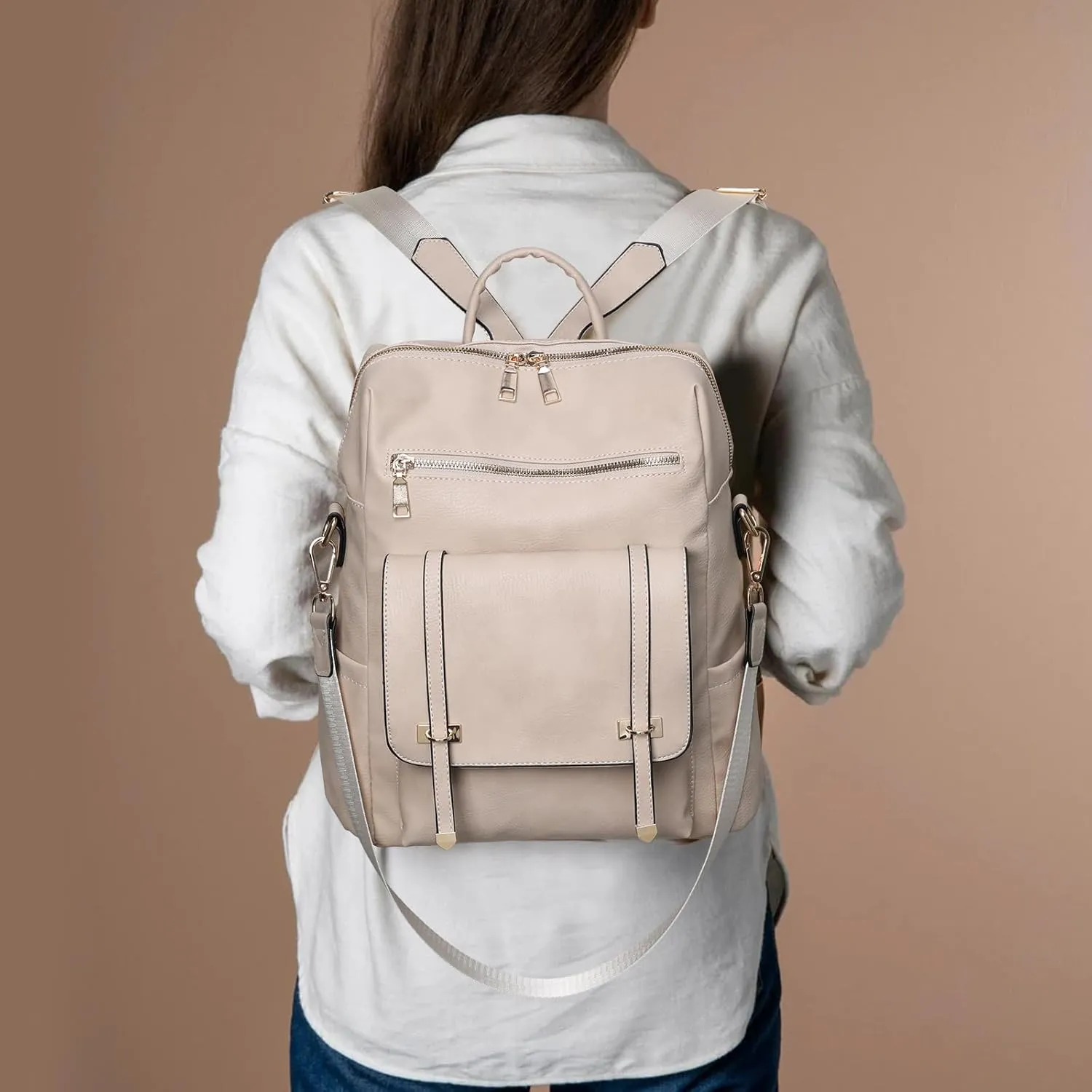 PINCNEL Backpack Purse for Women, PU Leather Designer Convertible Bag with Multipocket(Beige)