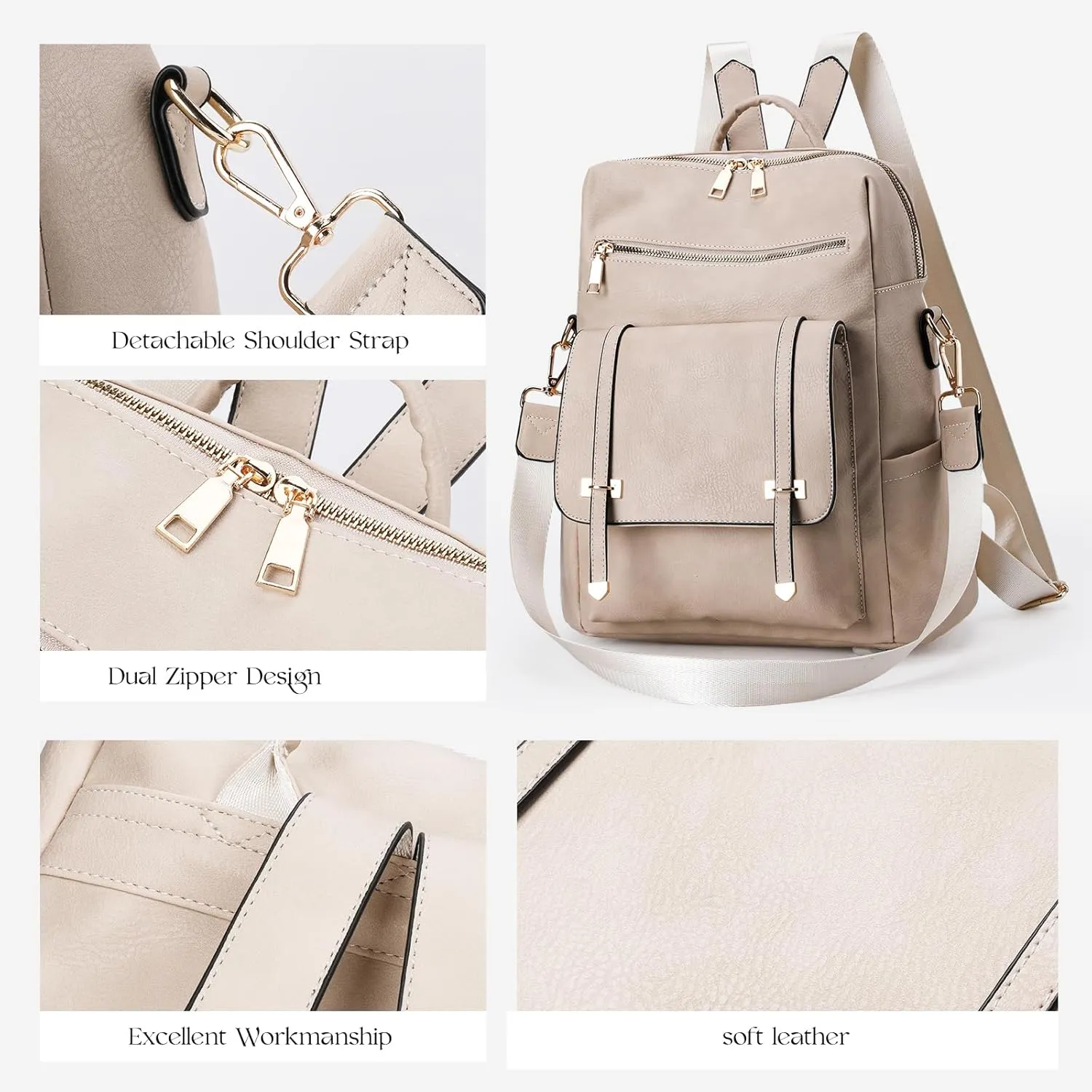 PINCNEL Backpack Purse for Women, PU Leather Designer Convertible Bag with Multipocket(Beige)