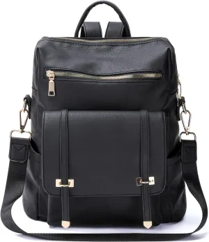 PINCNEL Backpack Purse for Women, PU Leather Designer Convertible Bag with Multipocket(Black)