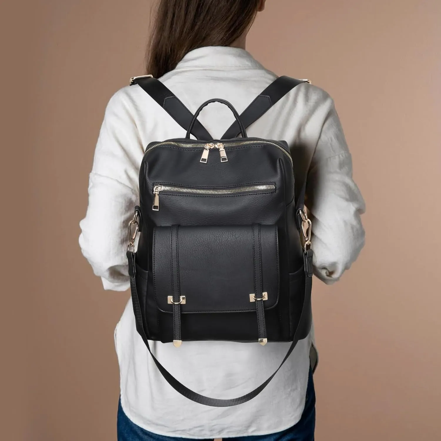 PINCNEL Backpack Purse for Women, PU Leather Designer Convertible Bag with Multipocket(Black)