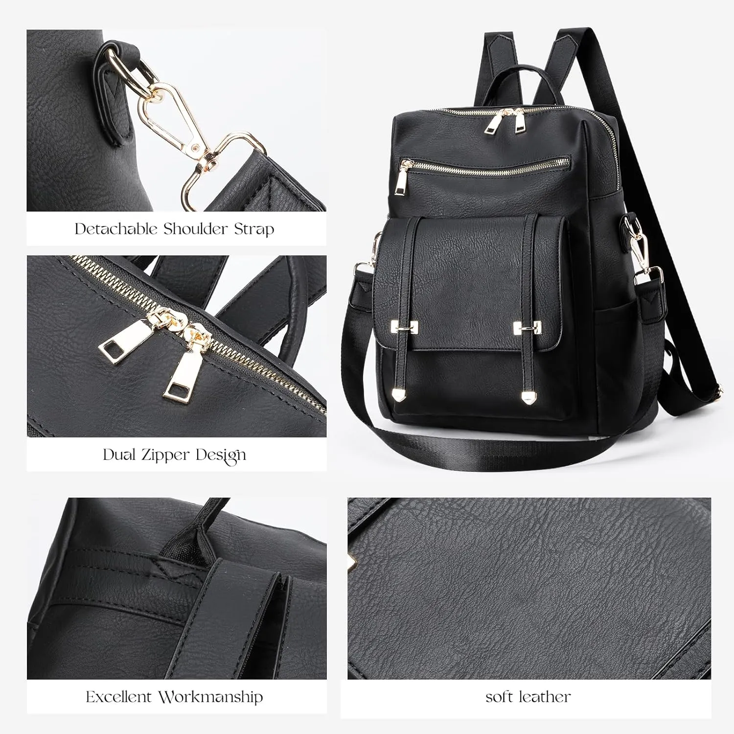 PINCNEL Backpack Purse for Women, PU Leather Designer Convertible Bag with Multipocket(Black)