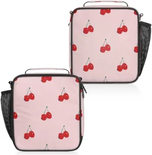 Pink Background Cherry Pattern Insulated Lunch Box, Reusable Cooler Tote Lunch Bags for Men Women, Portable Leakproof Square Meal Bag for Work Travel Picnic Hiking Daytrip
