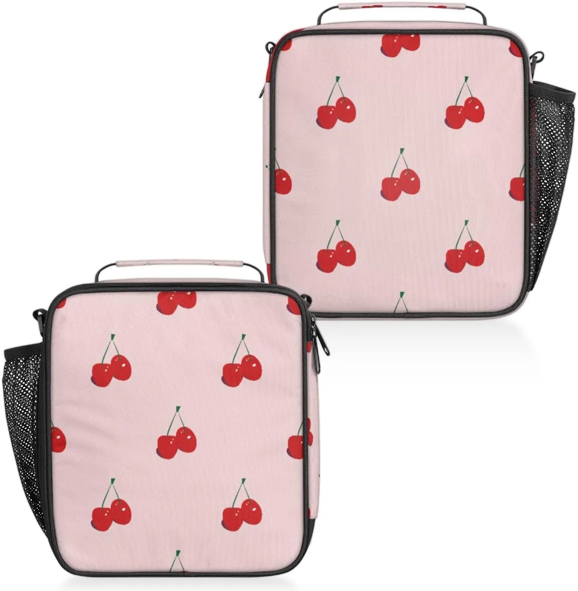 Pink Background Cherry Pattern Insulated Lunch Box, Reusable Cooler Tote Lunch Bags for Men Women, Portable Leakproof Square Meal Bag for Work Travel Picnic Hiking Daytrip