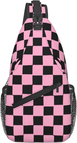 Pink Chess Check Sling Backpack Crossbody Bag, Chest Bag Daypack for Outdoors Hiking Traveling