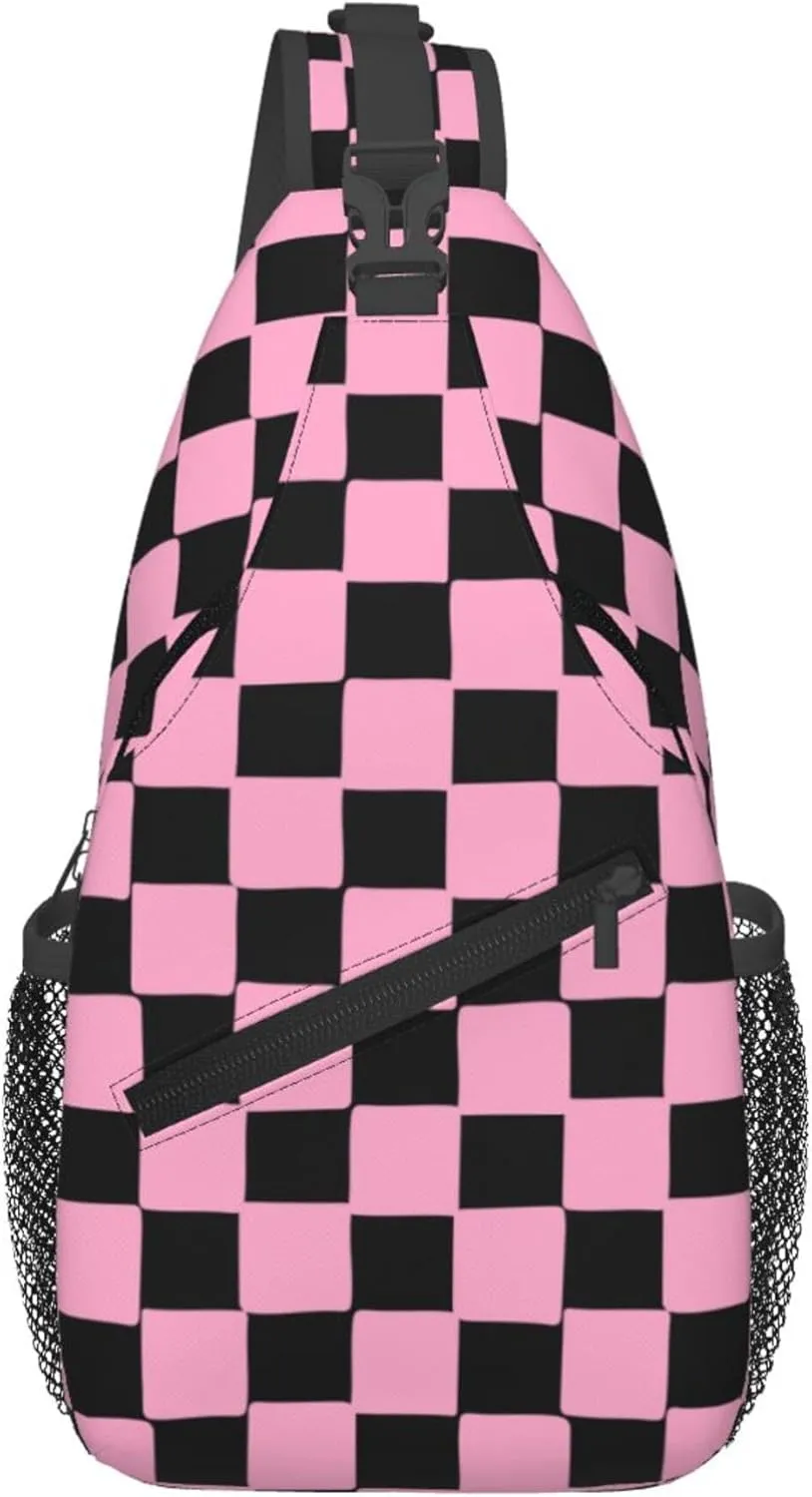 Pink Chess Check Sling Backpack Crossbody Bag, Chest Bag Daypack for Outdoors Hiking Traveling