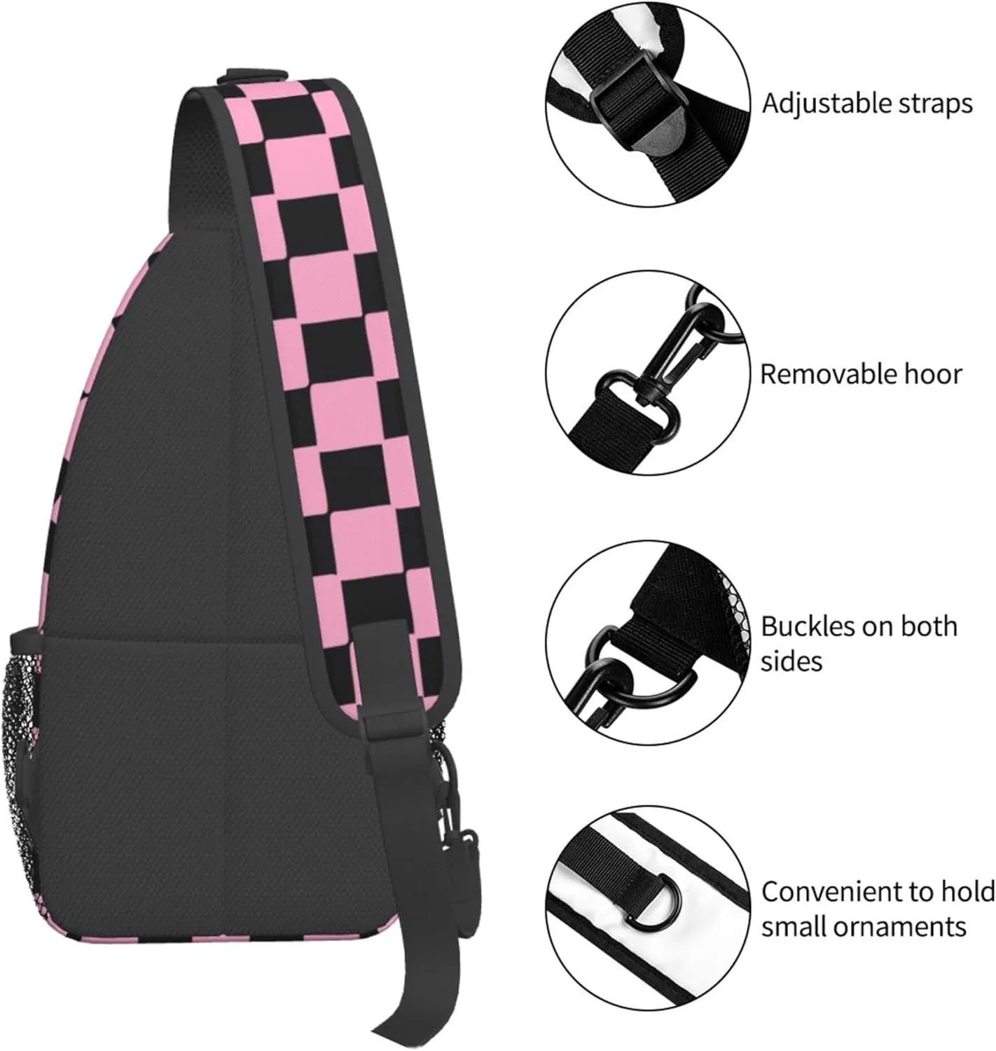 Pink Chess Check Sling Backpack Crossbody Bag, Chest Bag Daypack for Outdoors Hiking Traveling