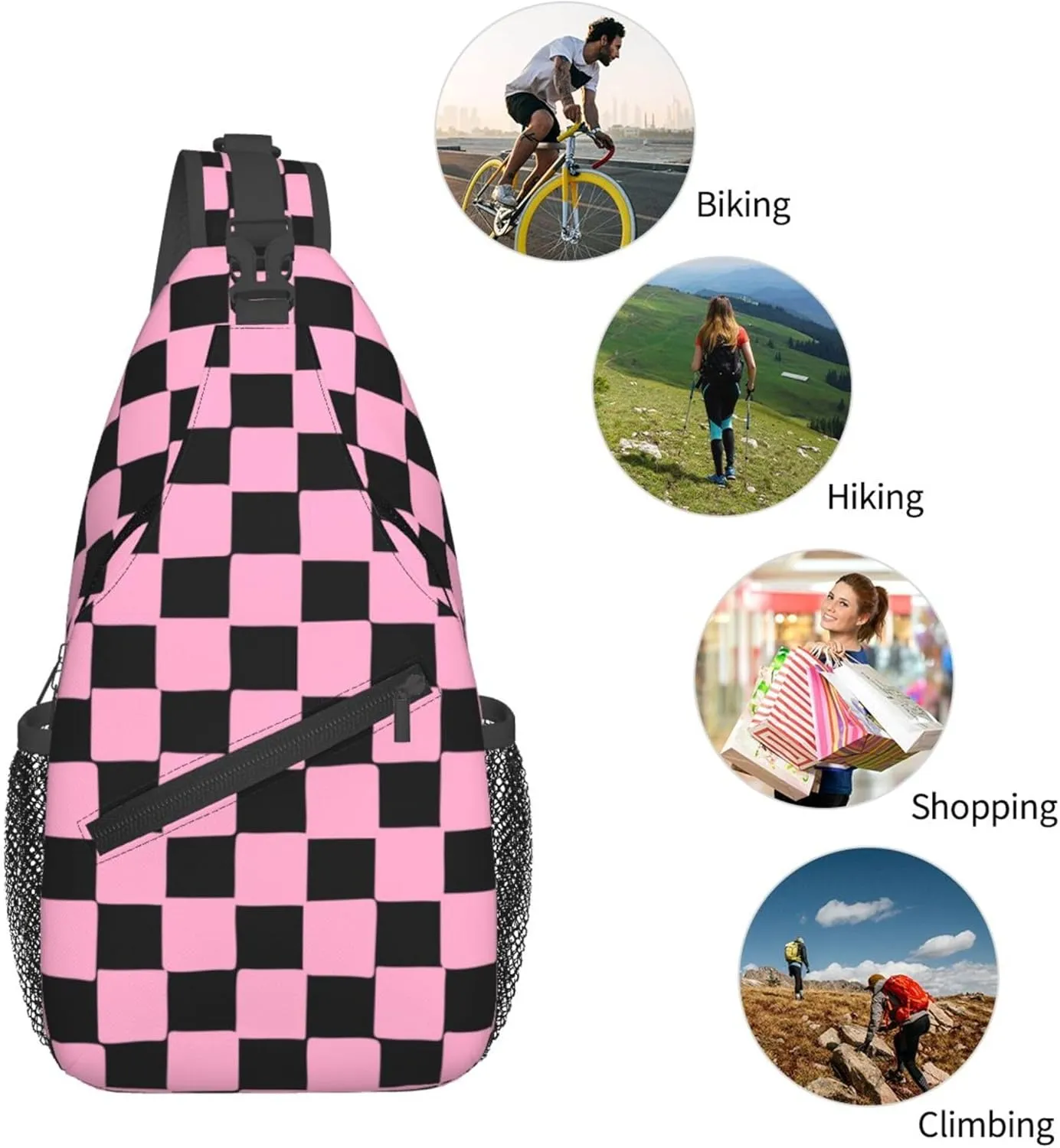 Pink Chess Check Sling Backpack Crossbody Bag, Chest Bag Daypack for Outdoors Hiking Traveling