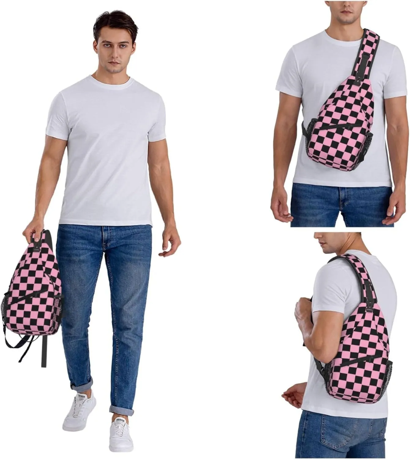 Pink Chess Check Sling Backpack Crossbody Bag, Chest Bag Daypack for Outdoors Hiking Traveling