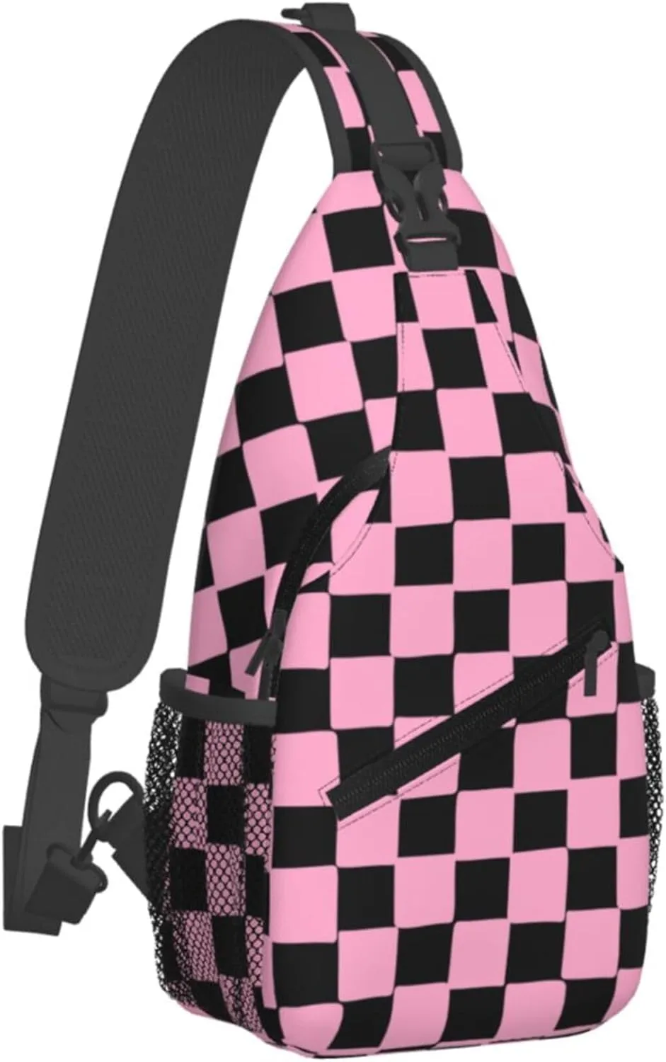Pink Chess Check Sling Backpack Crossbody Bag, Chest Bag Daypack for Outdoors Hiking Traveling