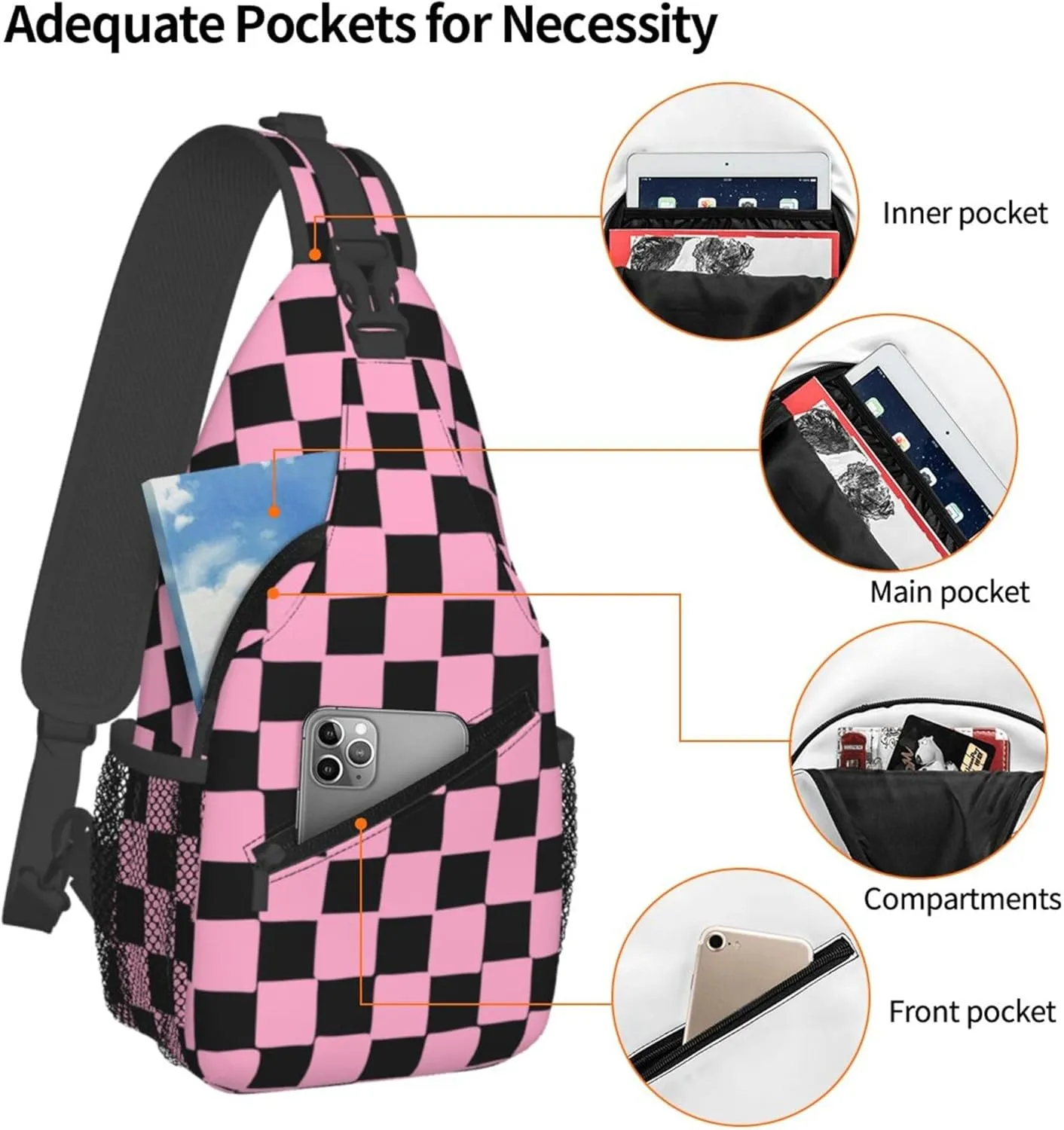 Pink Chess Check Sling Backpack Crossbody Bag, Chest Bag Daypack for Outdoors Hiking Traveling