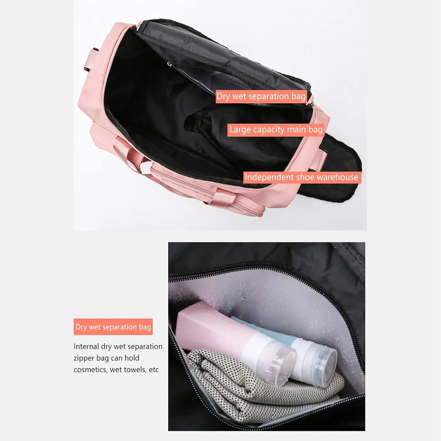 Pink Gym Bag with Shoes Compartment,28L Travel Duffel Bags,Waterproof Overnight Bag for Yoga Workout Travel Sports