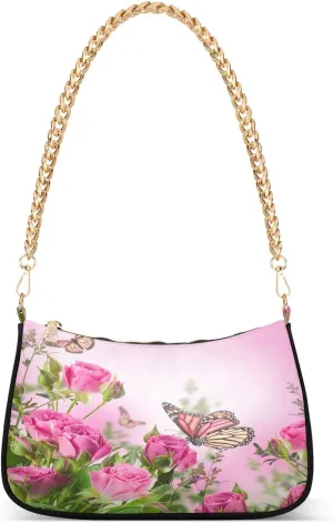 Pink Rose Floral Butterfly Shoulder Handbags for Women Travel Hobo Tote Handbag Women Gold Chain Shoulder Bags Purse with Zipper Closure
