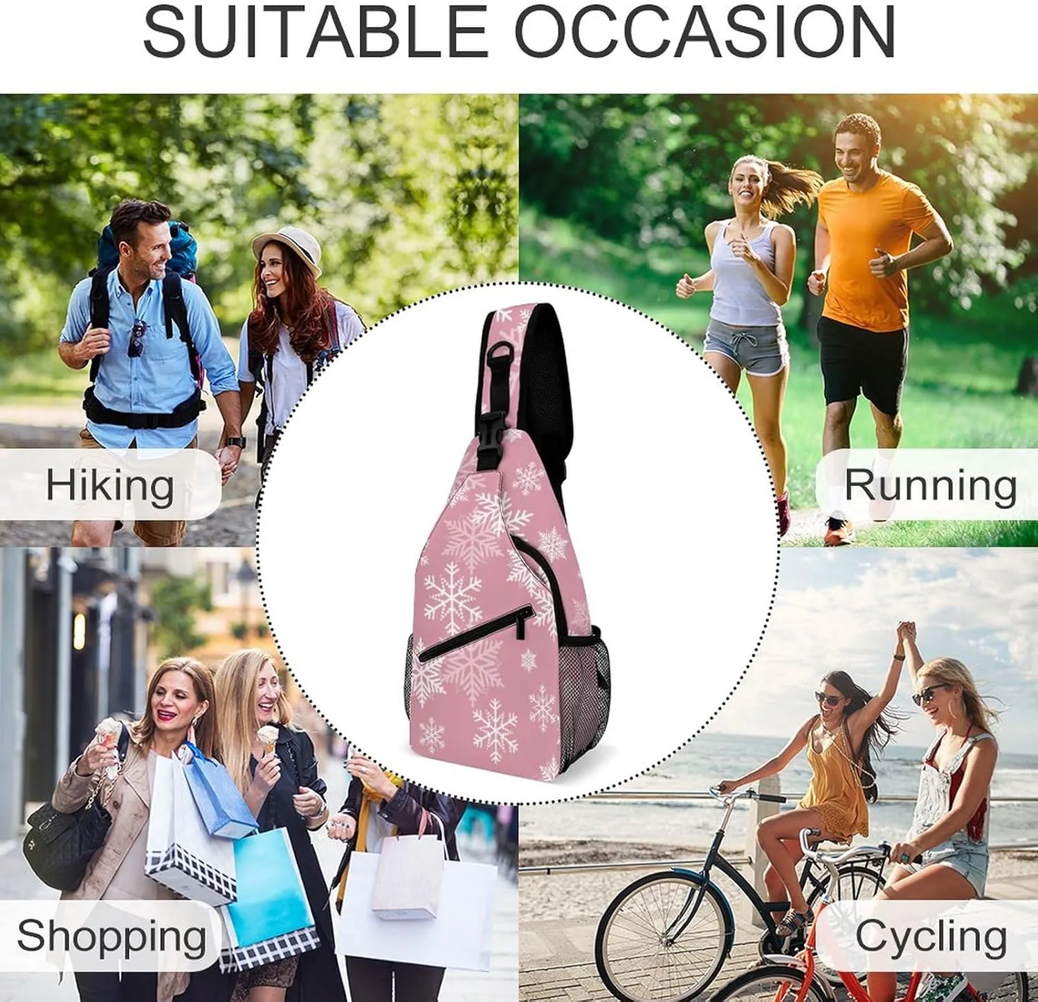 Pink Snowflake Winter Sling Bag for Women Men Merry Christmas Cute Crossbody Shoulder Bag with Anti Theft,Multipurpose Chest Bag for Travel,Hiking,Cycling,Camping