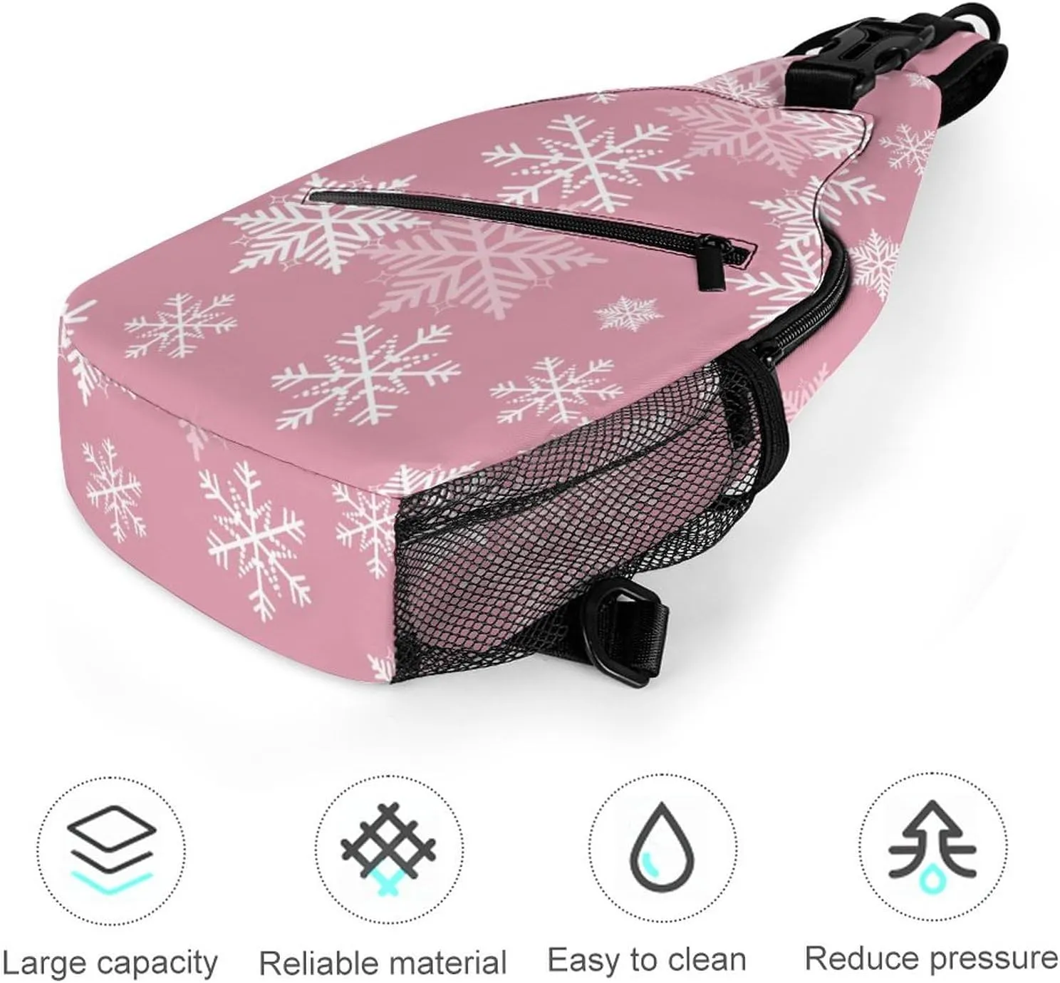 Pink Snowflake Winter Sling Bag for Women Men Merry Christmas Cute Crossbody Shoulder Bag with Anti Theft,Multipurpose Chest Bag for Travel,Hiking,Cycling,Camping