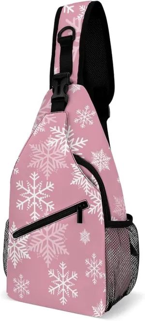 Pink Snowflake Winter Sling Bag for Women Men Merry Christmas Cute Crossbody Shoulder Bag with Anti Theft,Multipurpose Chest Bag for Travel,Hiking,Cycling,Camping