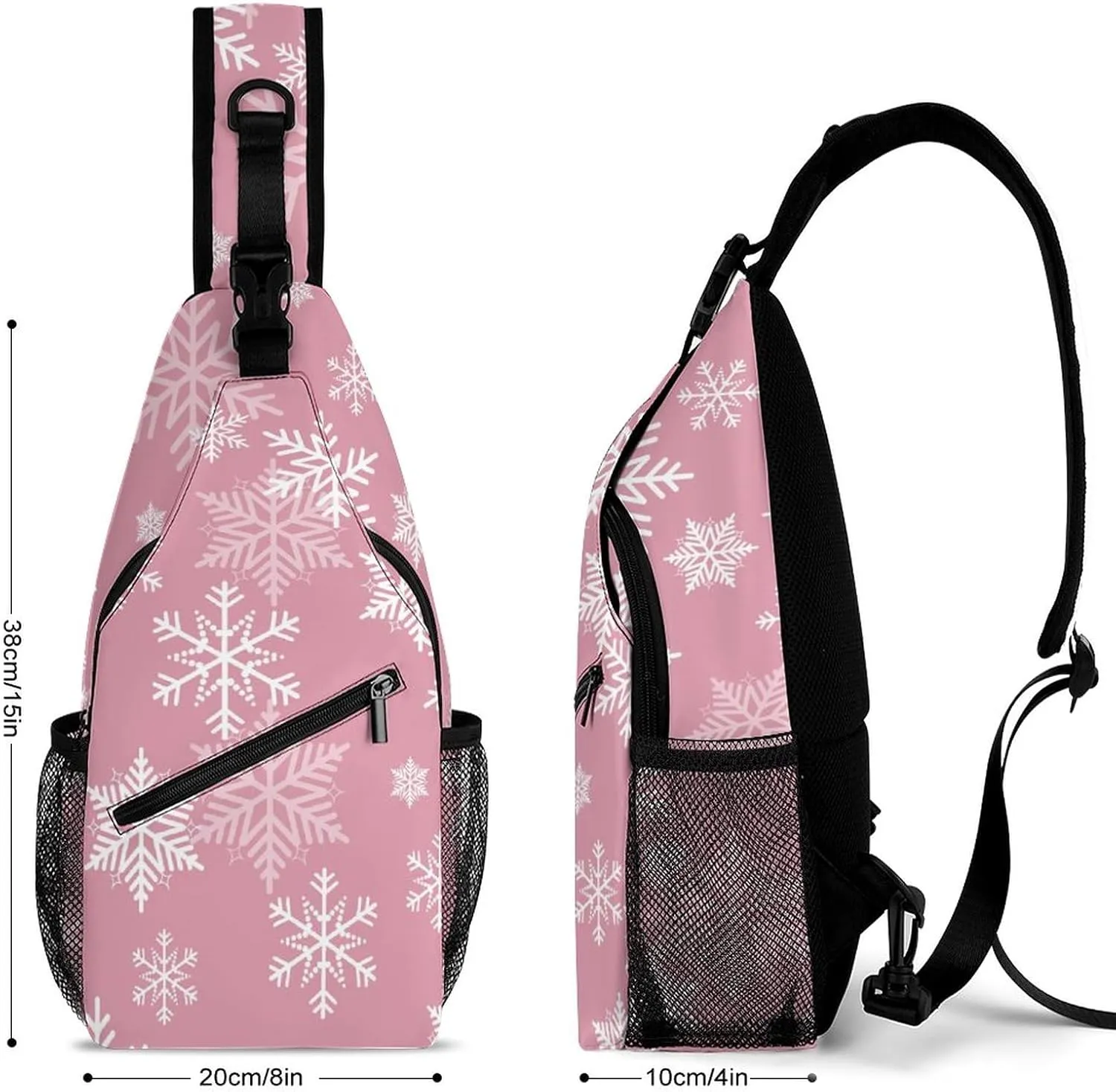 Pink Snowflake Winter Sling Bag for Women Men Merry Christmas Cute Crossbody Shoulder Bag with Anti Theft,Multipurpose Chest Bag for Travel,Hiking,Cycling,Camping