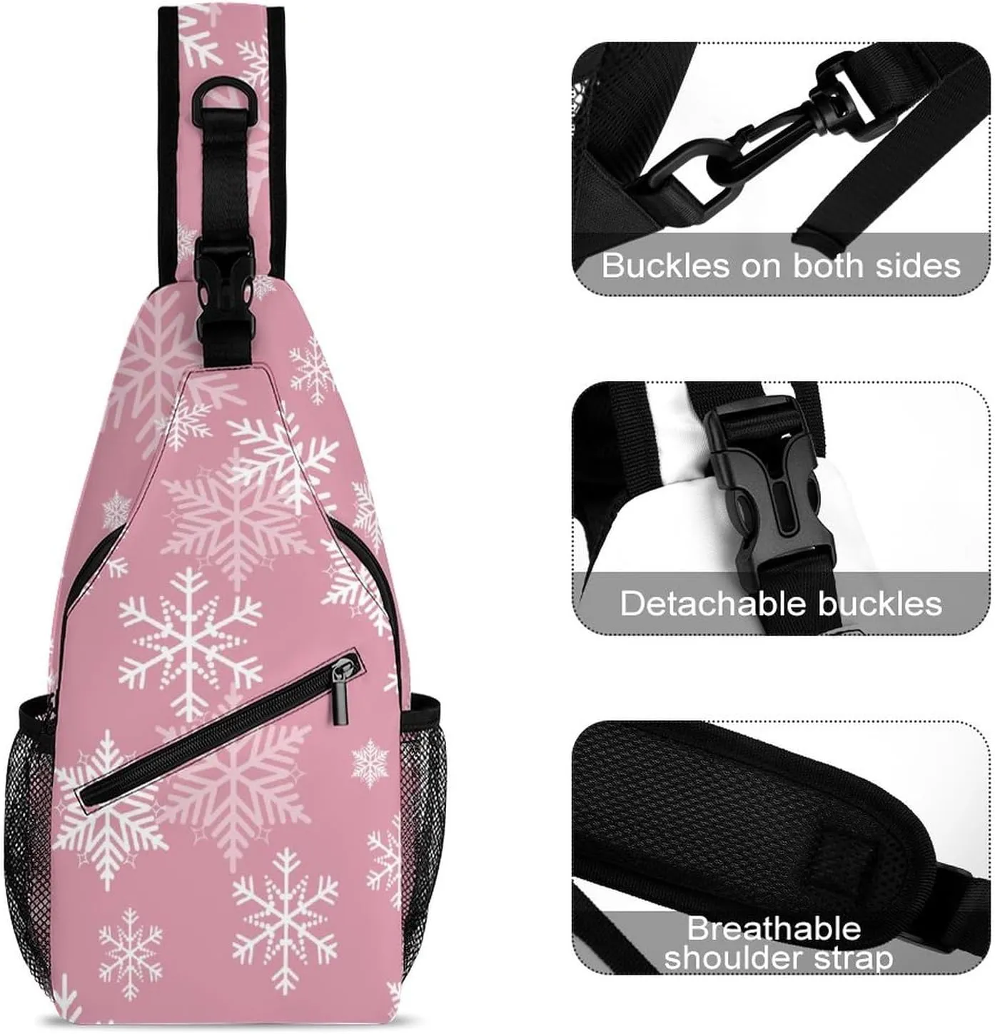 Pink Snowflake Winter Sling Bag for Women Men Merry Christmas Cute Crossbody Shoulder Bag with Anti Theft,Multipurpose Chest Bag for Travel,Hiking,Cycling,Camping
