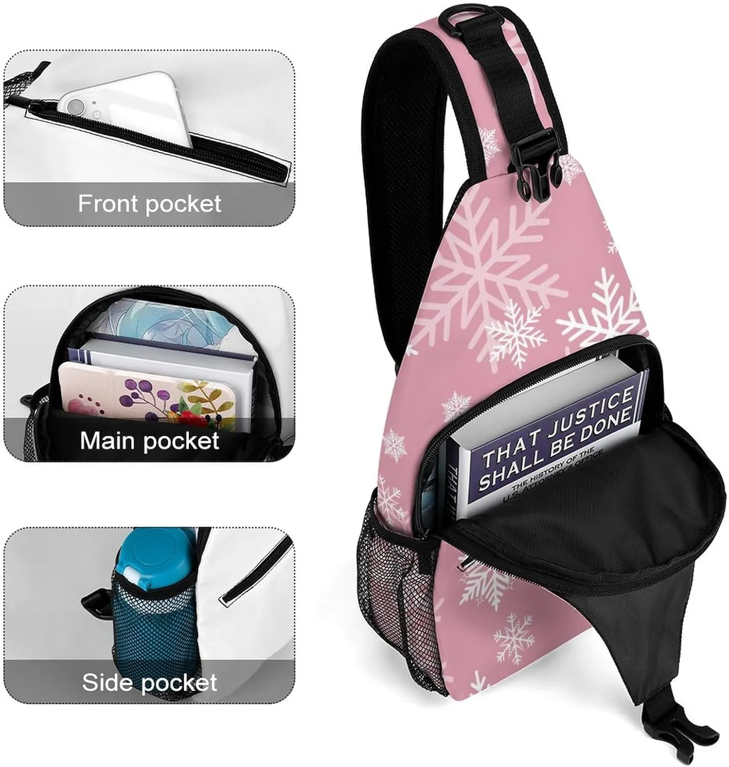 Pink Snowflake Winter Sling Bag for Women Men Merry Christmas Cute Crossbody Shoulder Bag with Anti Theft,Multipurpose Chest Bag for Travel,Hiking,Cycling,Camping