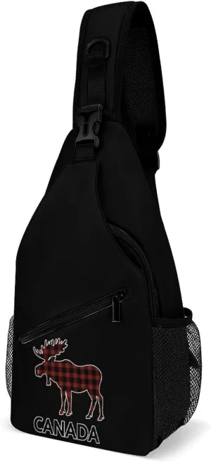 Plaid Moose Animal Silhouette Canada Crossbody Sling Bag Lightweight Travel Hiking Chest Bag Daypack for Men Women