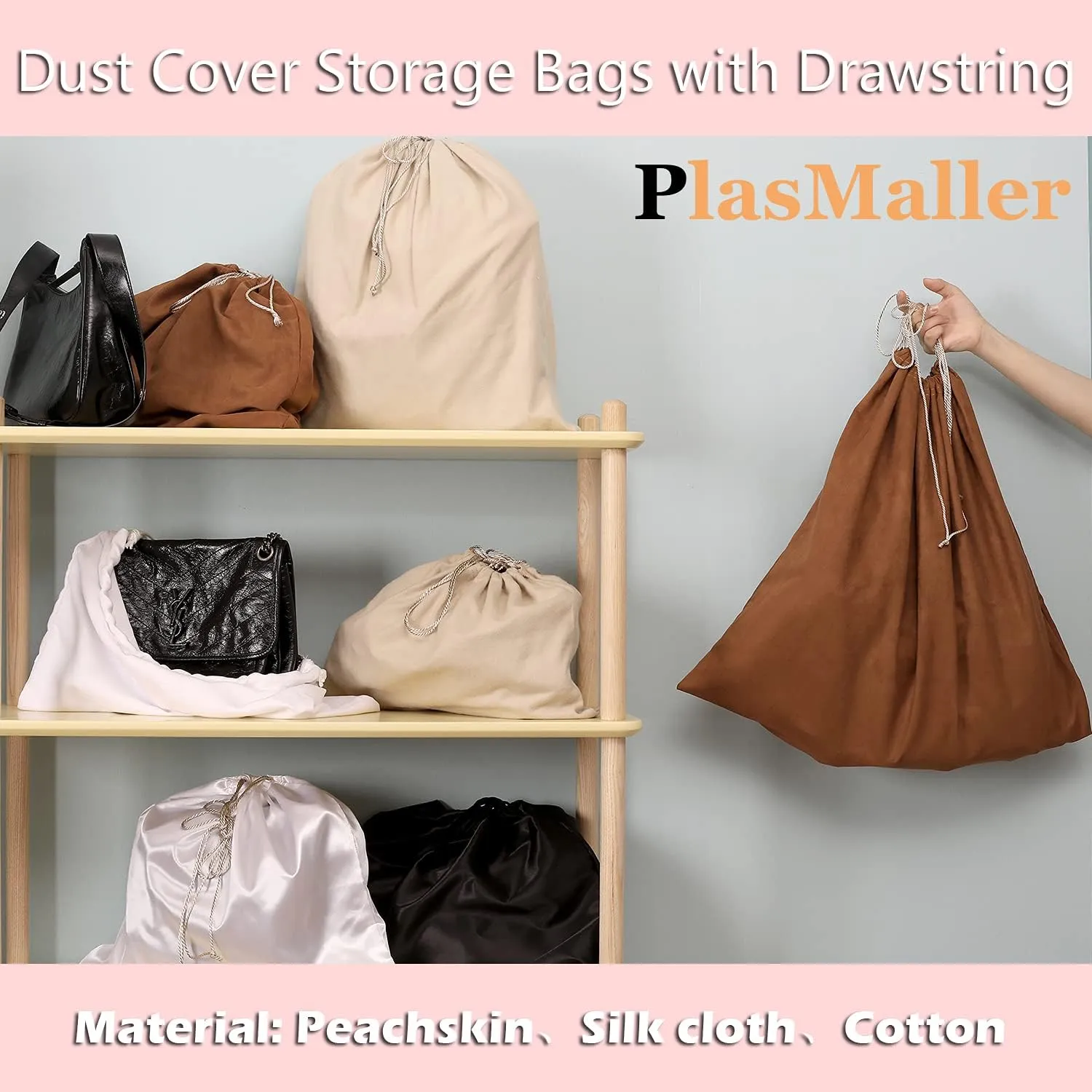 PlasMaller Dust Cover Storage Bags Silk Cloth with Drawstring Pouch For Handbags Purses Pocketbooks Shoes Boots Set of 6, Pink (23.6 x 19.6 in)