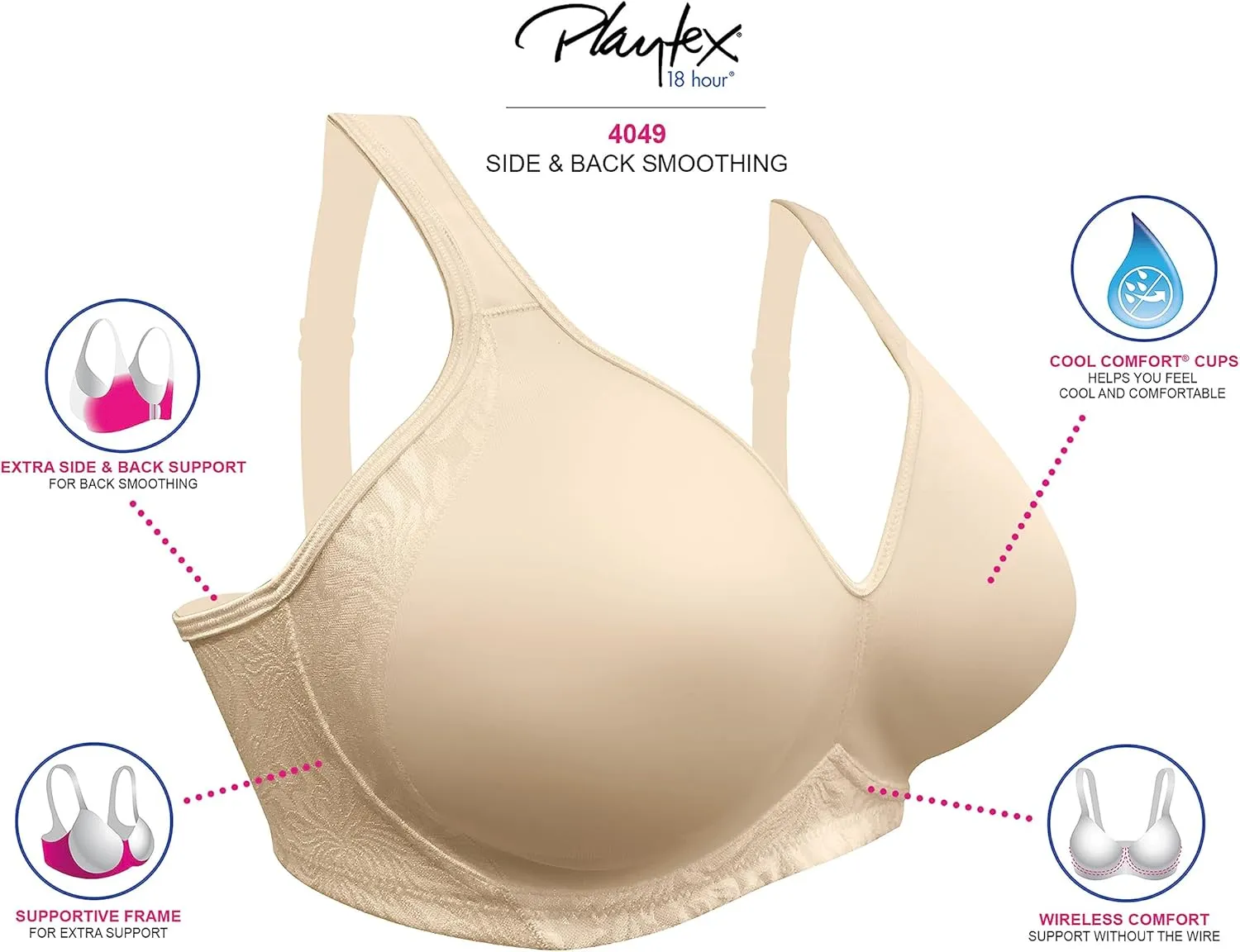Playtex Women's Smoothing Wireless Bra, 18 Hour Plus-Size T-Shirt Bras Available, No Show, 4049