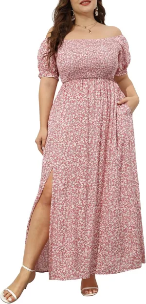 Plus Size Summer Dresses - Boho Casual Off Shoulder Floral Long Maxi Dress with Pockets