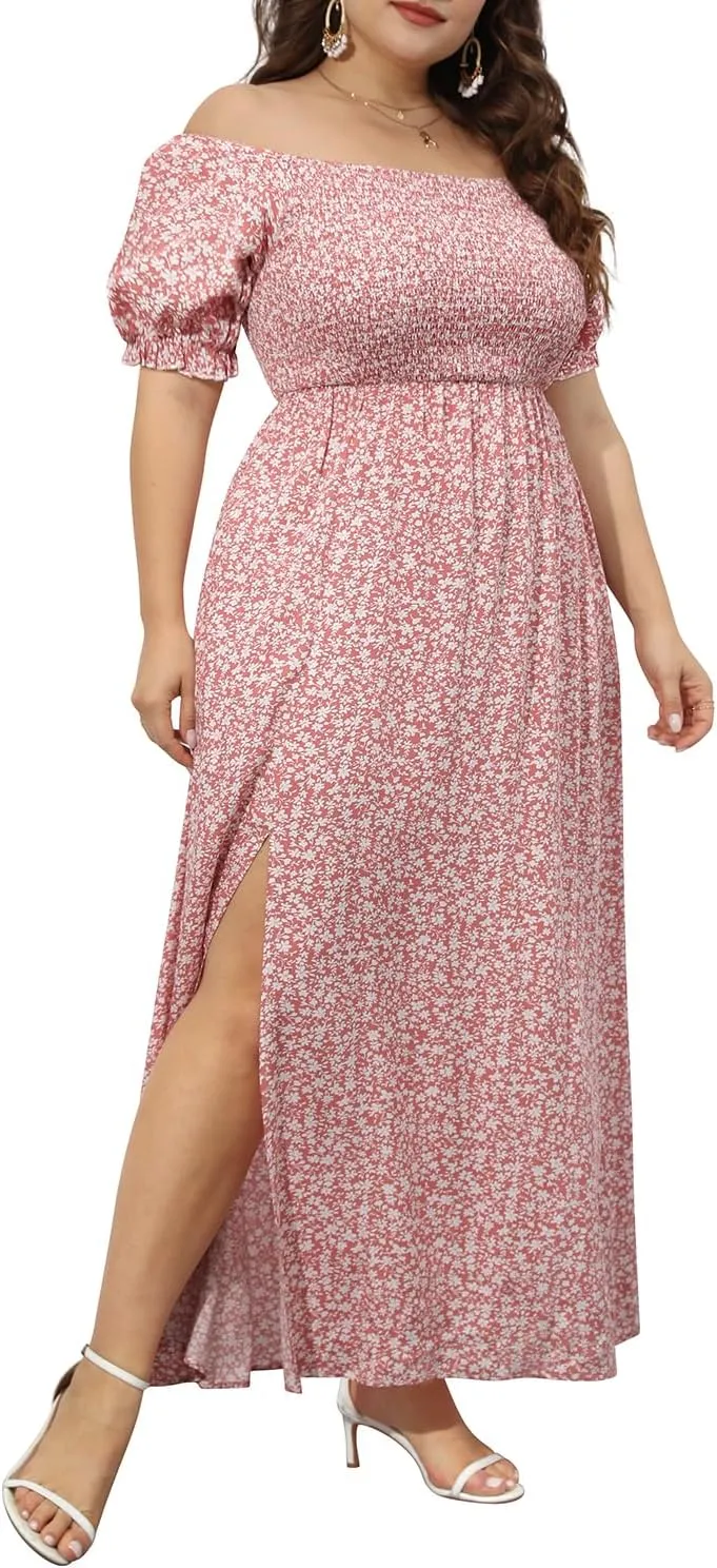 Plus Size Summer Dresses - Boho Casual Off Shoulder Floral Long Maxi Dress with Pockets