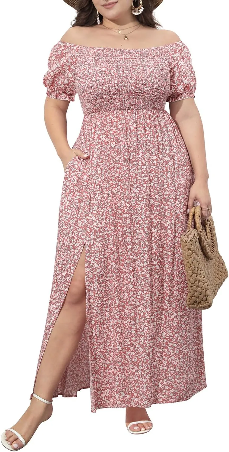 Plus Size Summer Dresses - Boho Casual Off Shoulder Floral Long Maxi Dress with Pockets