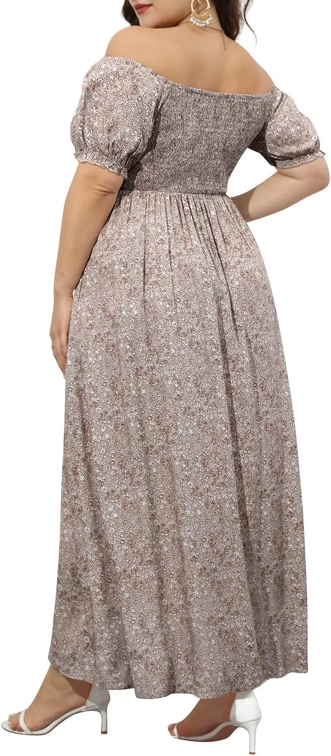 Plus Size Summer Dresses - Boho Casual Off Shoulder Floral Long Maxi Dress with Pockets