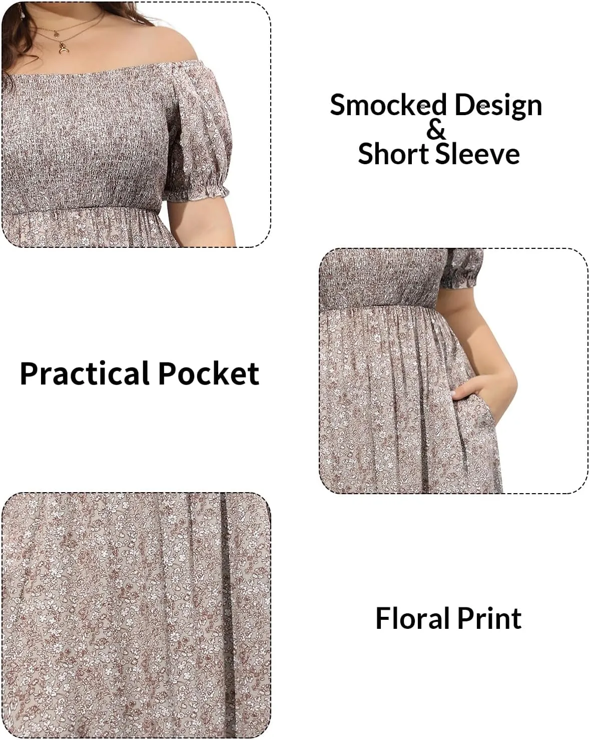 Plus Size Summer Dresses - Boho Casual Off Shoulder Floral Long Maxi Dress with Pockets
