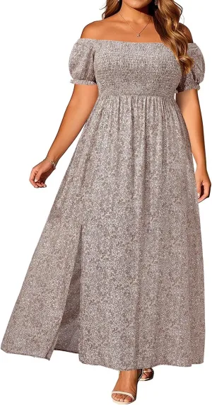 Plus Size Summer Dresses - Boho Casual Off Shoulder Floral Long Maxi Dress with Pockets