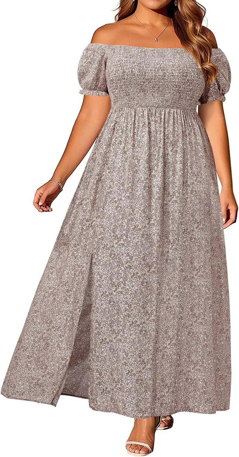 Plus Size Summer Dresses - Boho Casual Off Shoulder Floral Long Maxi Dress with Pockets
