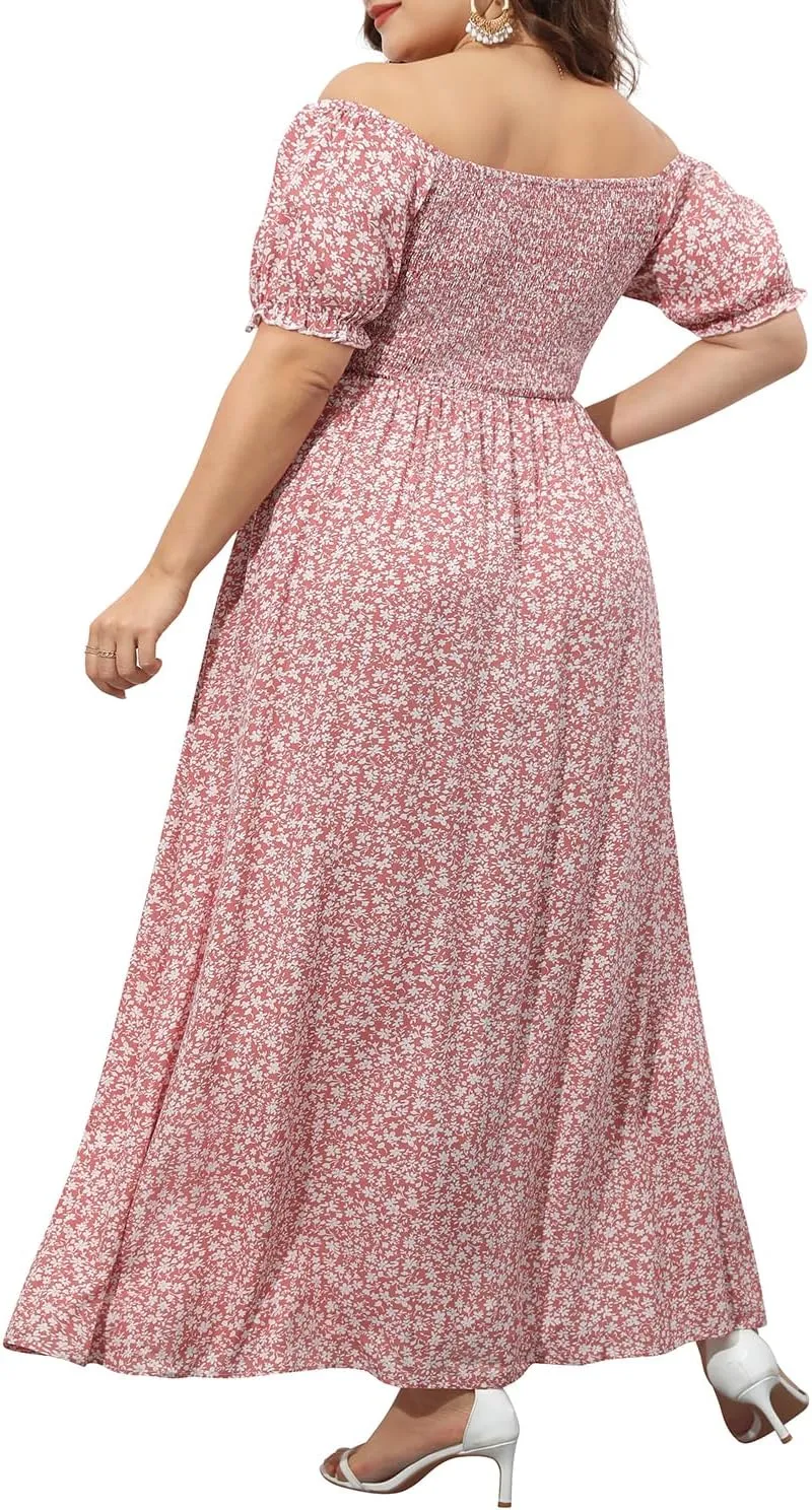 Plus Size Summer Dresses - Boho Casual Off Shoulder Floral Long Maxi Dress with Pockets