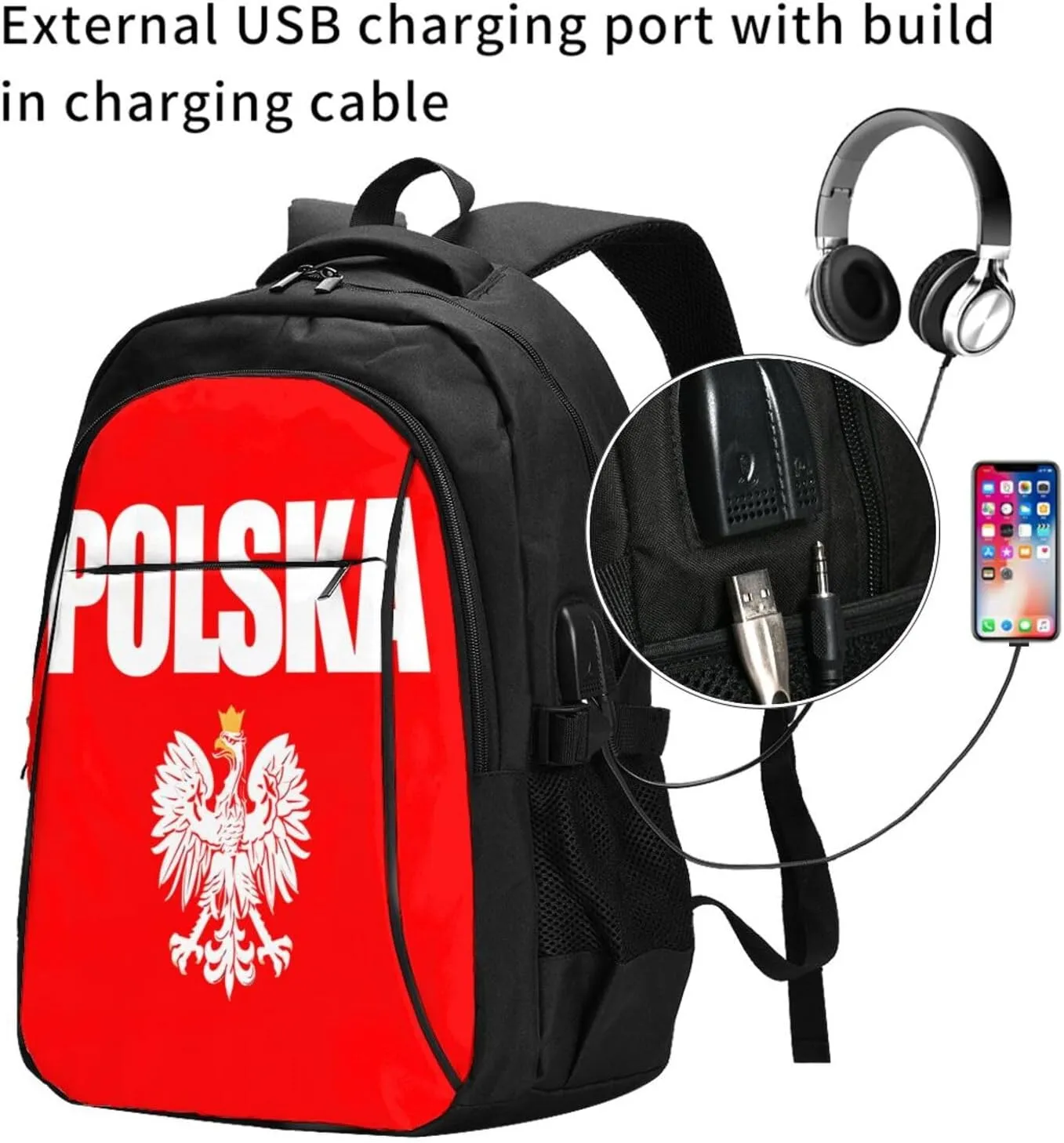 Polish Flag Poland Polska Eagle Casual Travel Backpacks Hiking Camping Backpack Large Outdoor Sport Daypack Laptop Rucksack Climbing Working Bags with USB Port