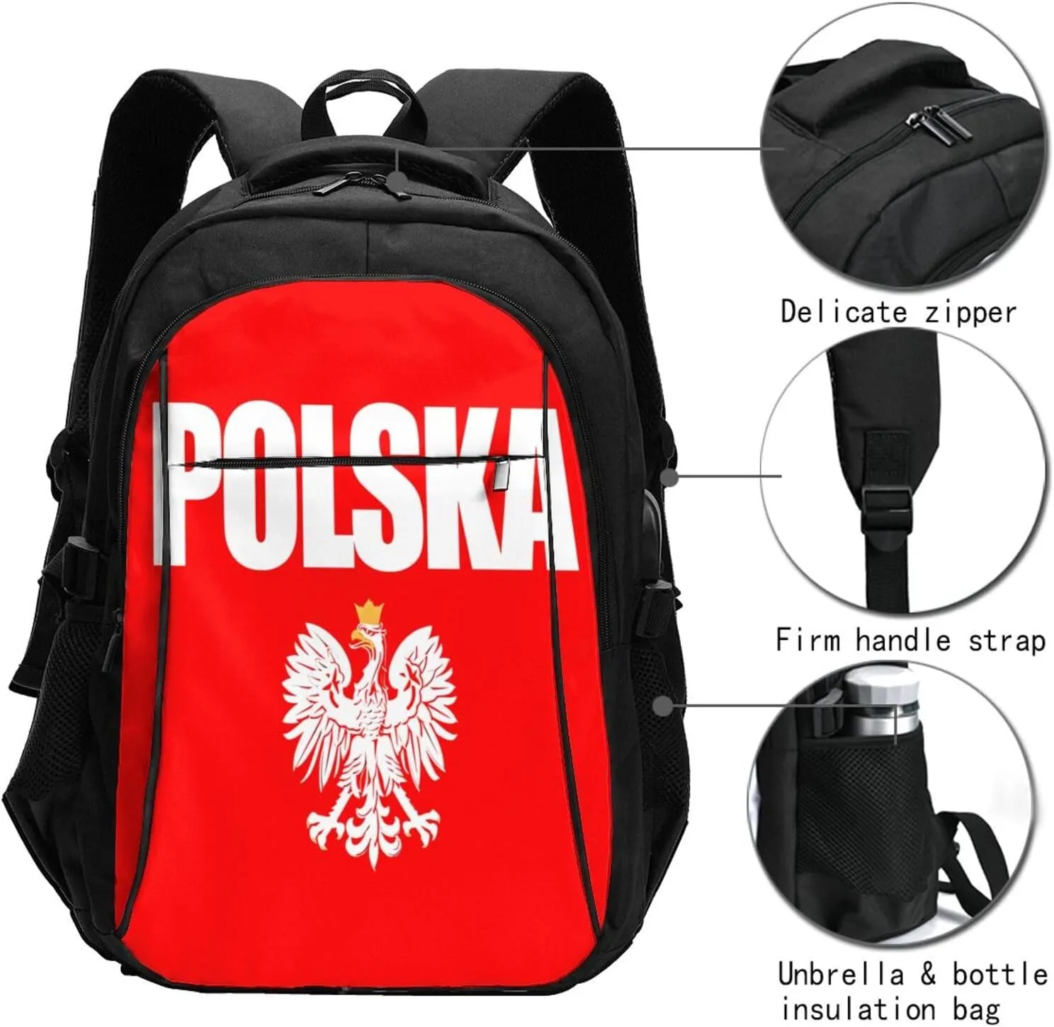 Polish Flag Poland Polska Eagle Casual Travel Backpacks Hiking Camping Backpack Large Outdoor Sport Daypack Laptop Rucksack Climbing Working Bags with USB Port