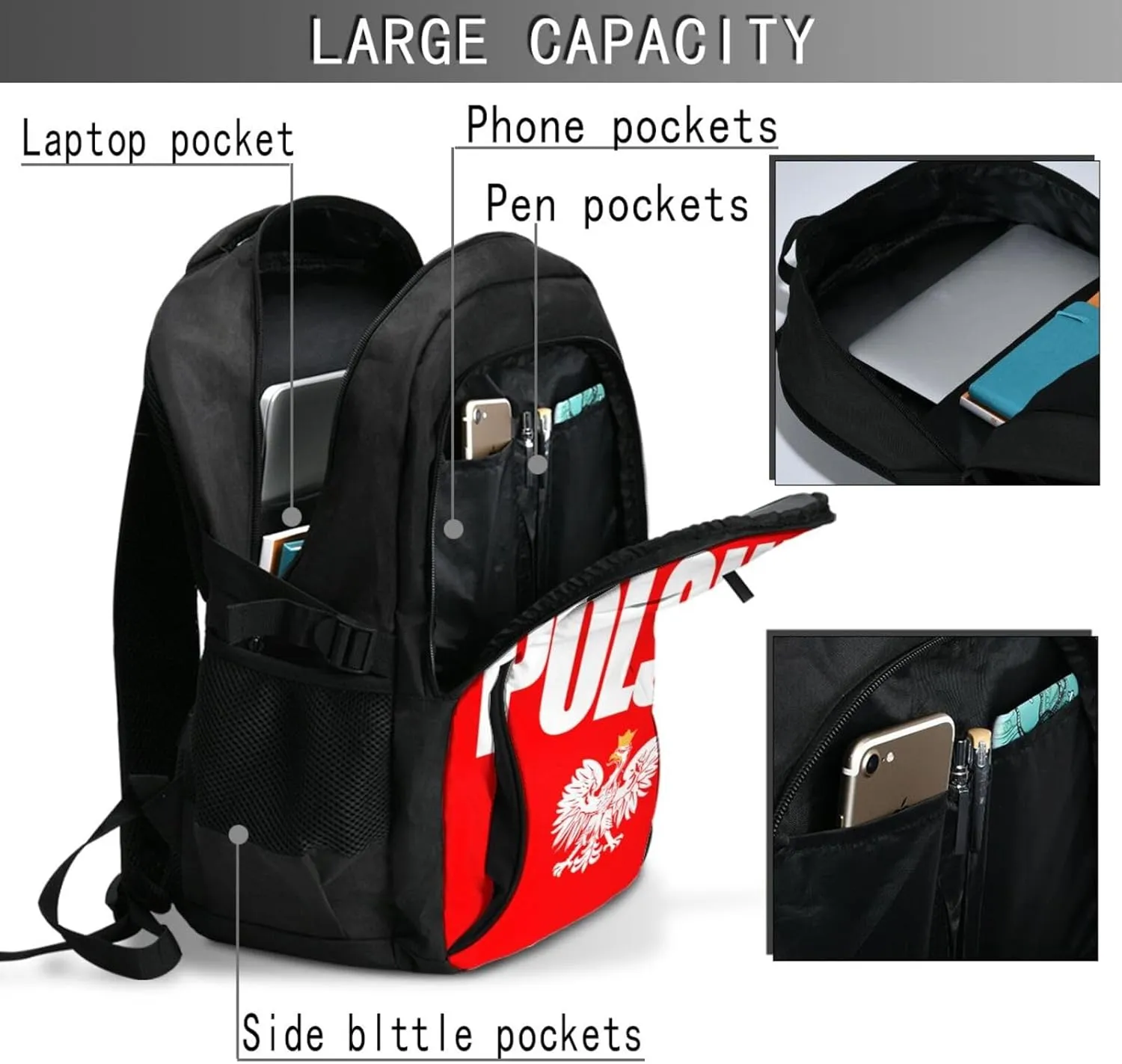 Polish Flag Poland Polska Eagle Casual Travel Backpacks Hiking Camping Backpack Large Outdoor Sport Daypack Laptop Rucksack Climbing Working Bags with USB Port