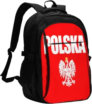 Polish Flag Poland Polska Eagle Casual Travel Backpacks Hiking Camping Backpack Large Outdoor Sport Daypack Laptop Rucksack Climbing Working Bags with USB Port