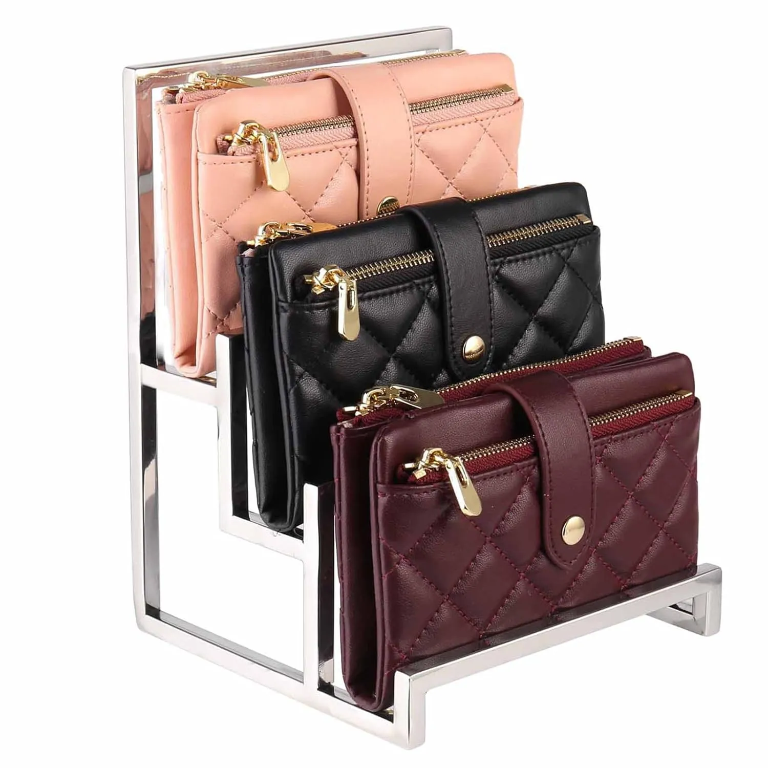 Polished Purse Display Stand Silver Wallet Display Stand,3-Layer Purse Organizer for Closet Wallet Display Rack, Stainless Steel Clutch Holder Retail Store